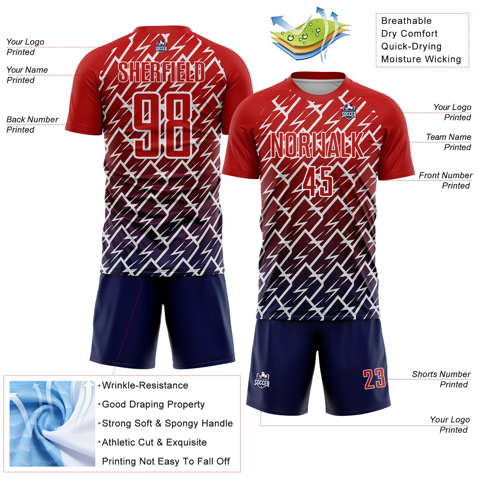 Custom Red Navy-White Lightning Sports Sublimation Soccer Uniform Jersey - Image 4