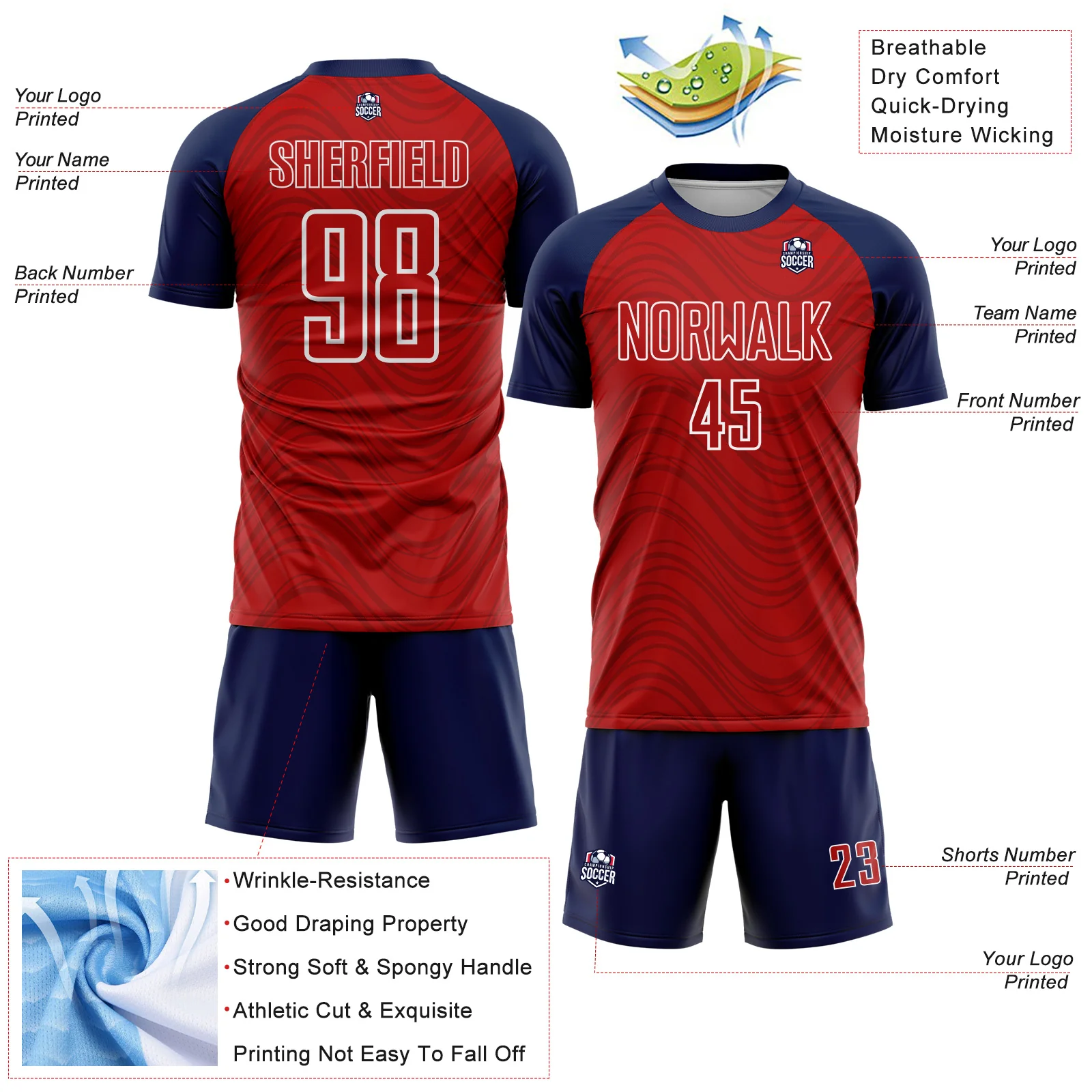 Custom Red Navy-White Wavy Lines Sports Sublimation Soccer Uniform Jersey - Image 4