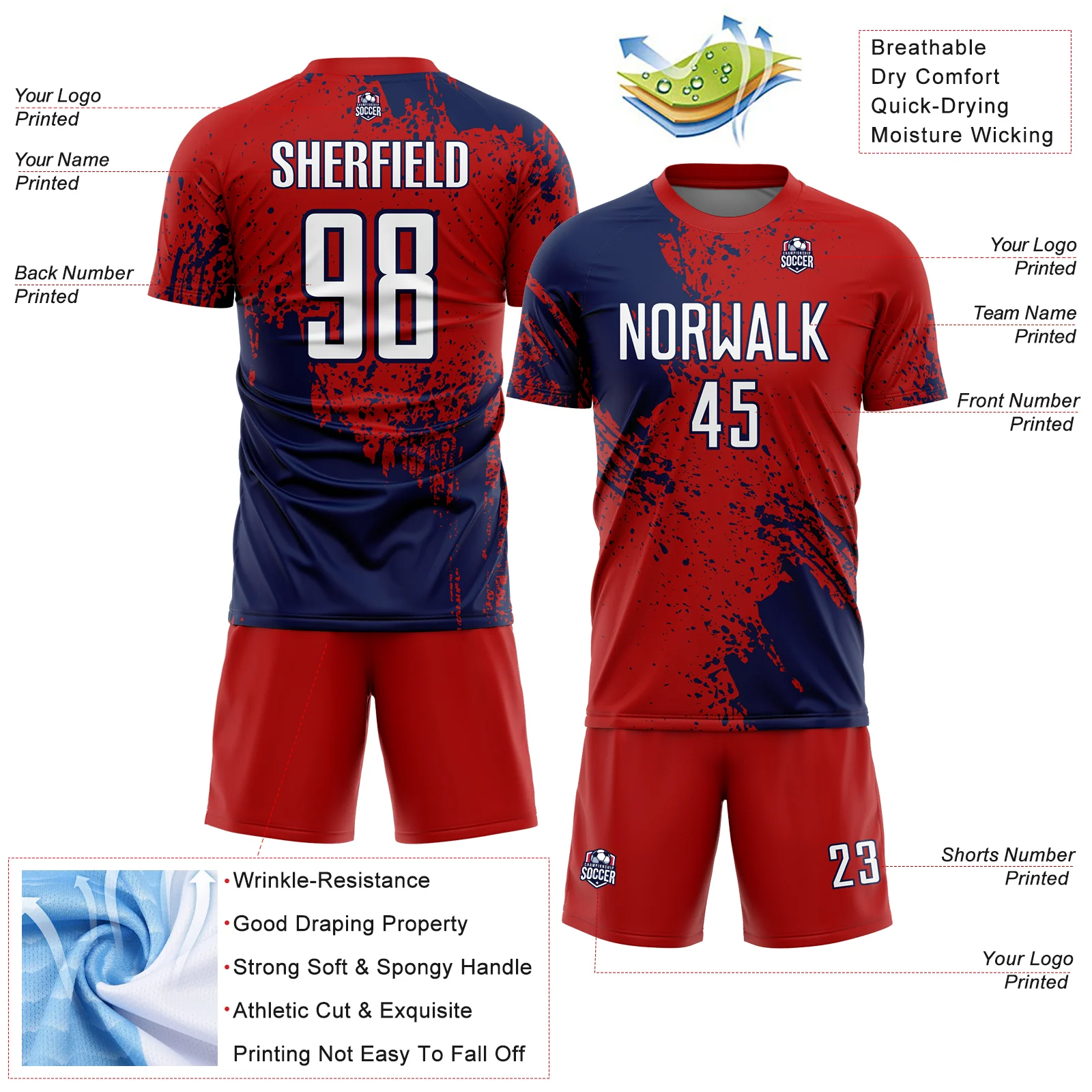 Custom Red White-Navy Abstract Brush Stroke Sports Sublimation Soccer Uniform Jersey - Image 4