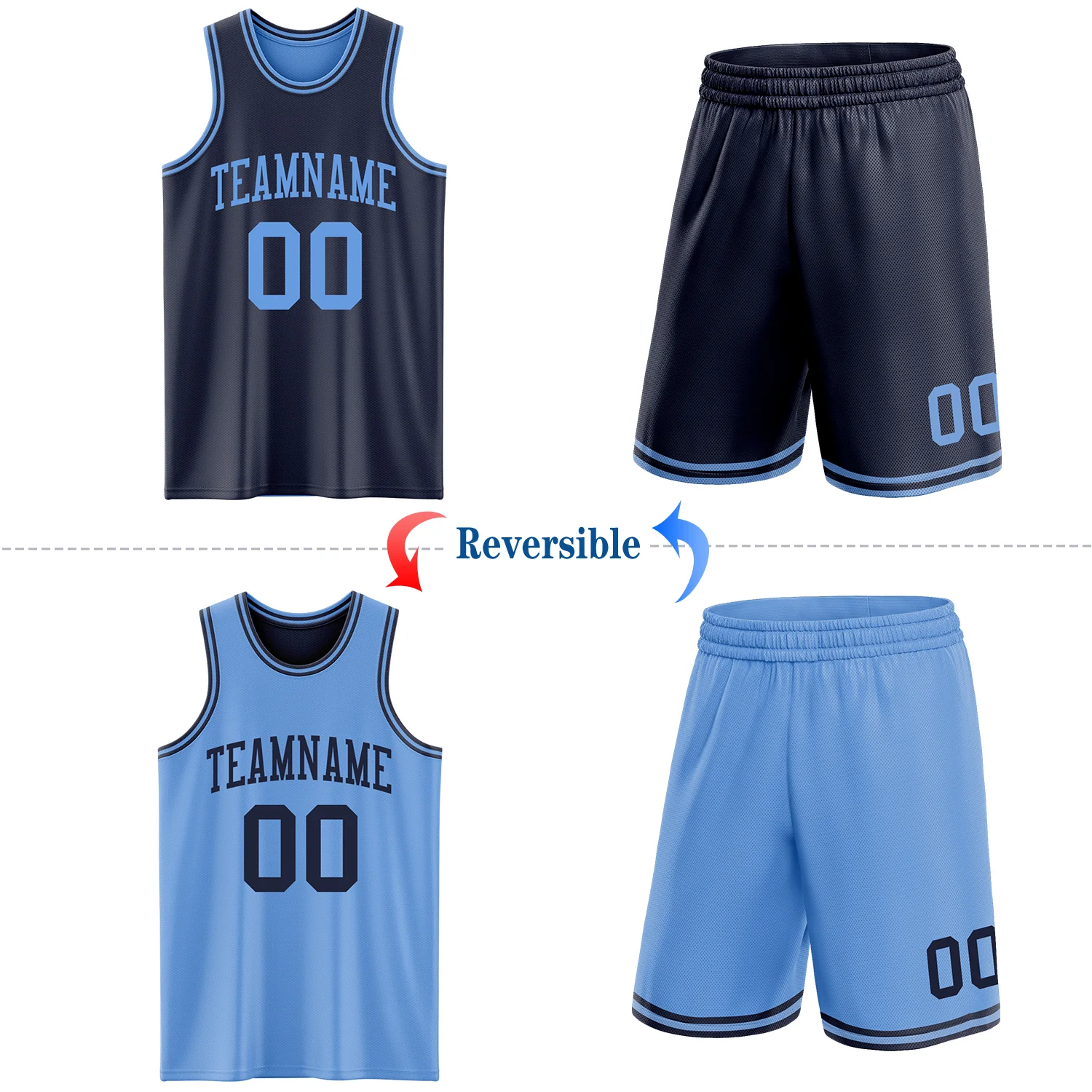 Custom Navy Light Blue Reversible Double Side Sublimation Basketball Suit Jersey - Image 2