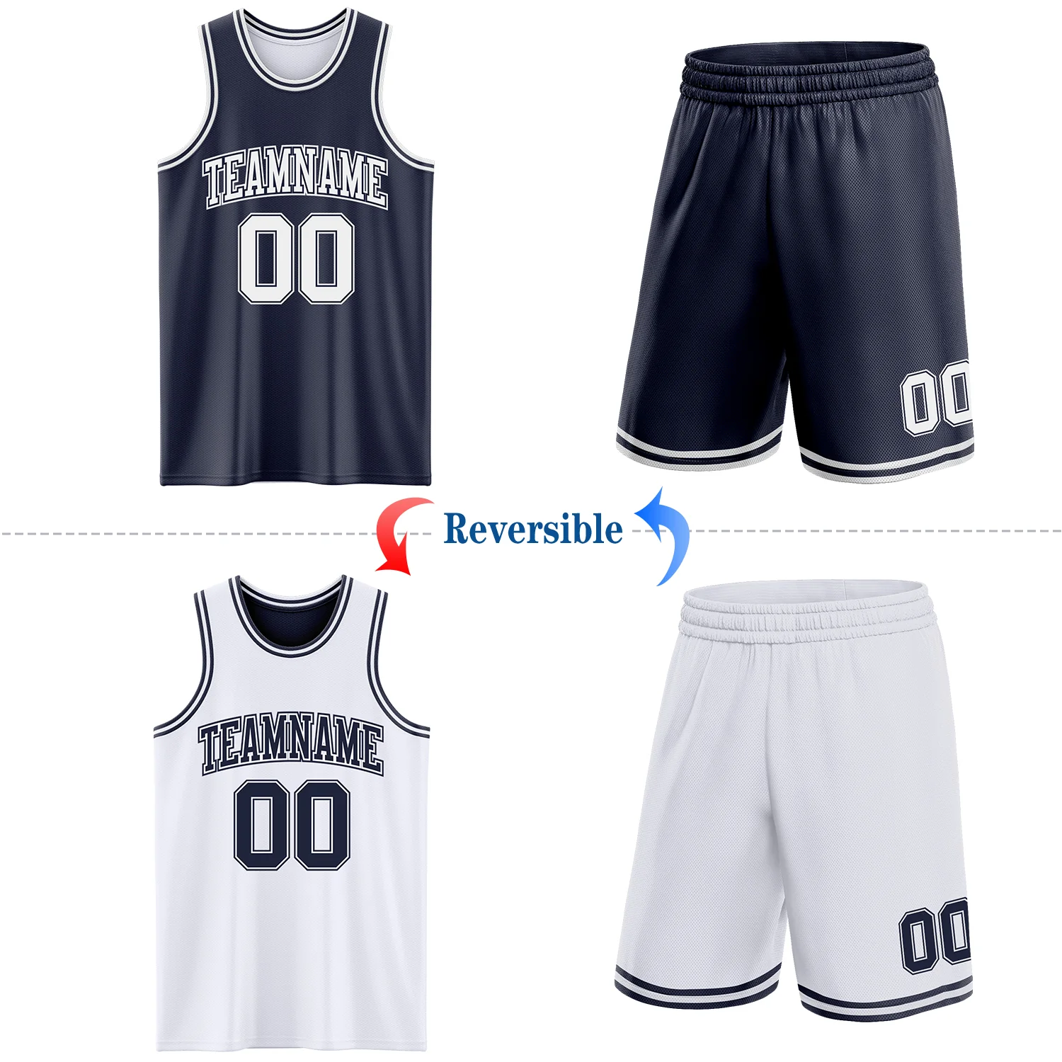Custom Navy White Reversible Double Side Sublimation Basketball Suit Jersey - Image 2