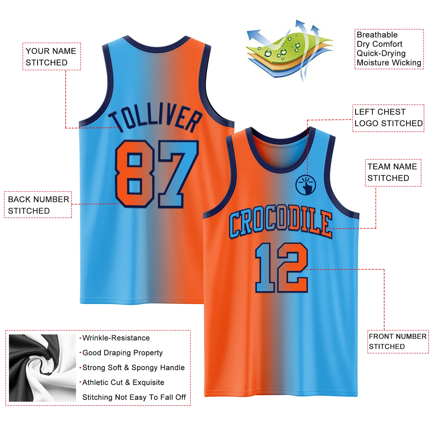 Custom Sky Blue Orange-Navy Authentic Gradient Fashion Basketball Jersey - Image 3