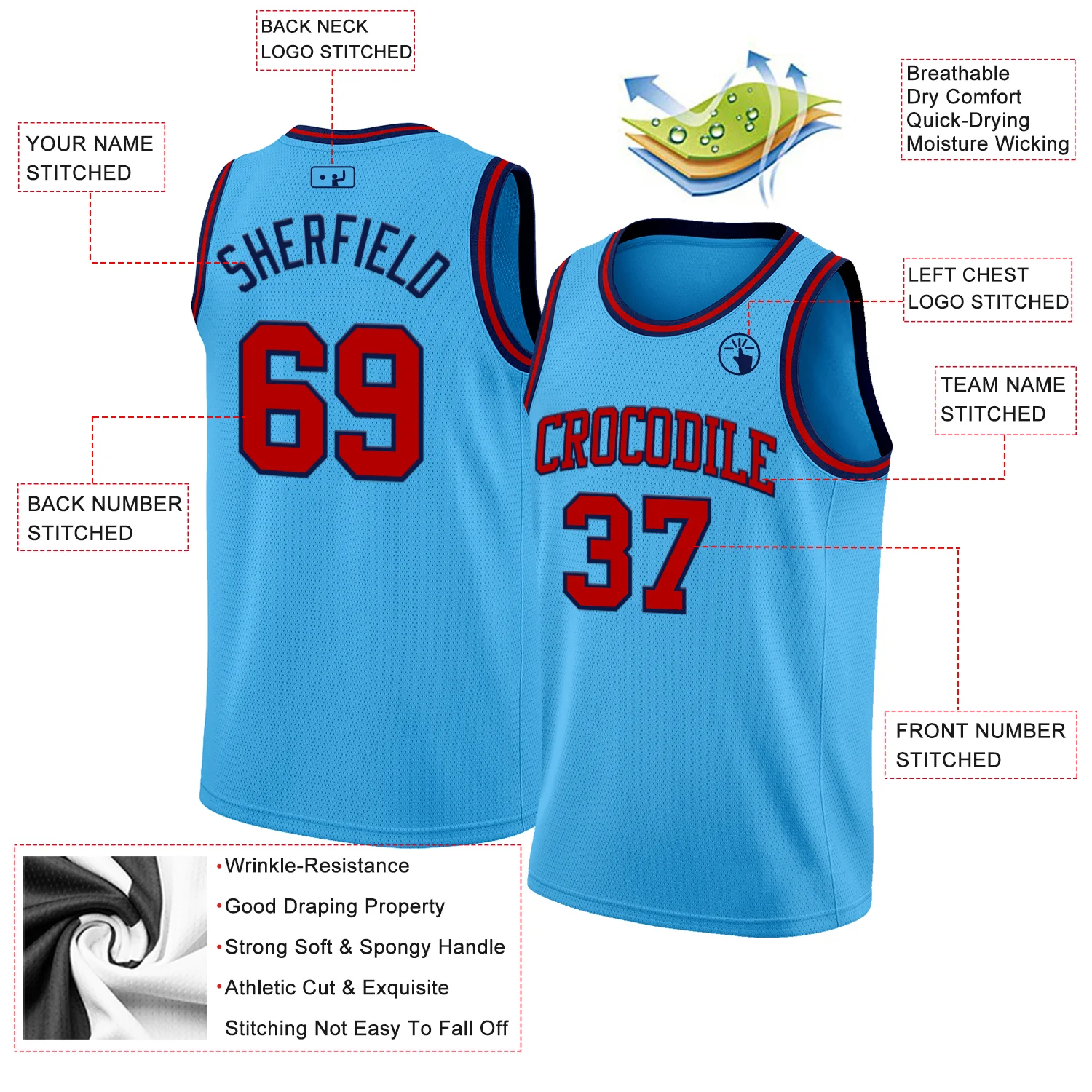 Custom Sky Blue Red-Navy Authentic Basketball Jersey - Image 2