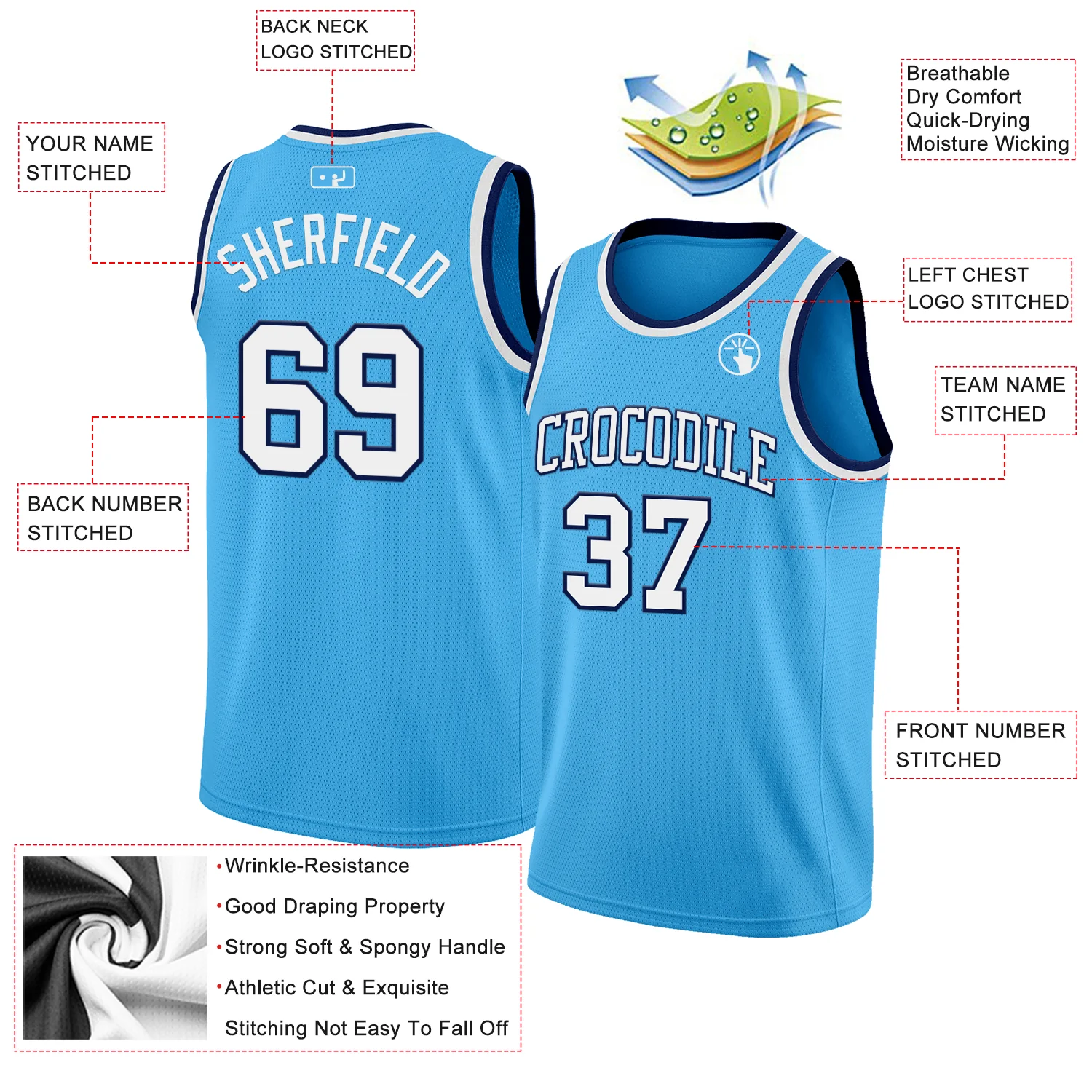 Custom Sky Blue White-Navy Authentic Basketball Jersey - Image 2