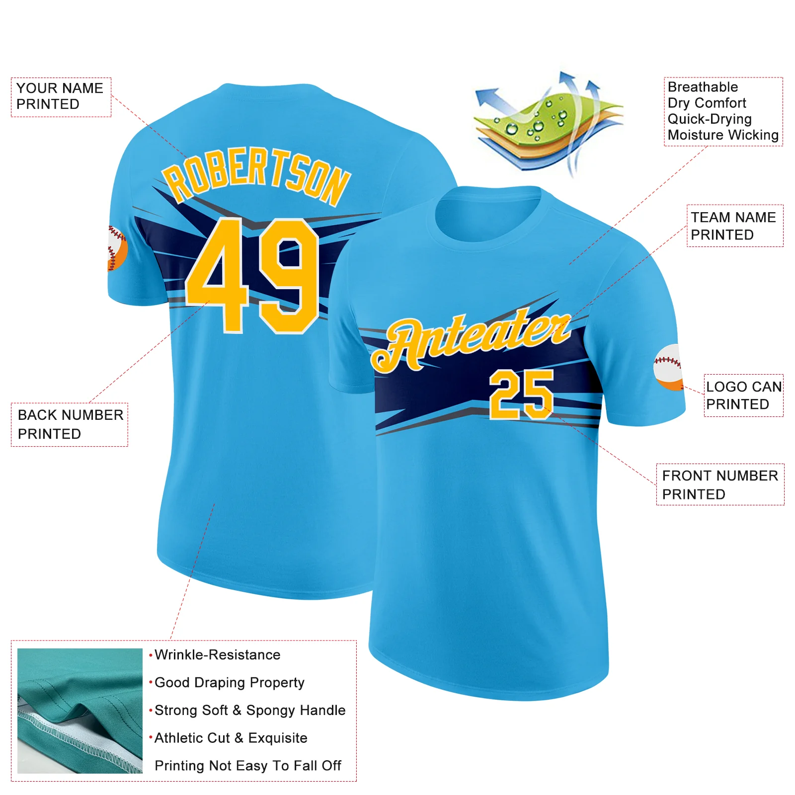 Custom Sky Blue Gold Navy-Gray 3D Esports Performance T-Shirt - Image 2