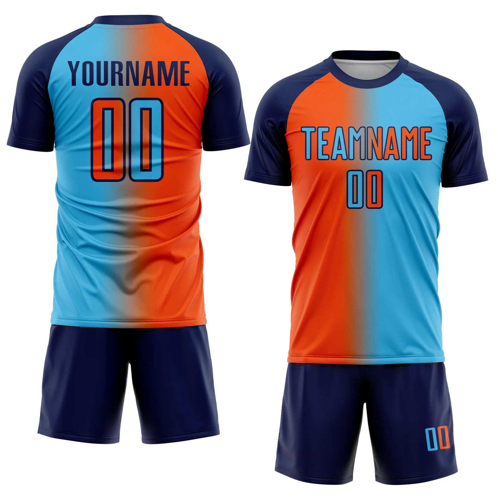 Custom Sky Blue Orange-Navy Sublimation Gradient Fashion Soccer Uniform Jersey - Image 2