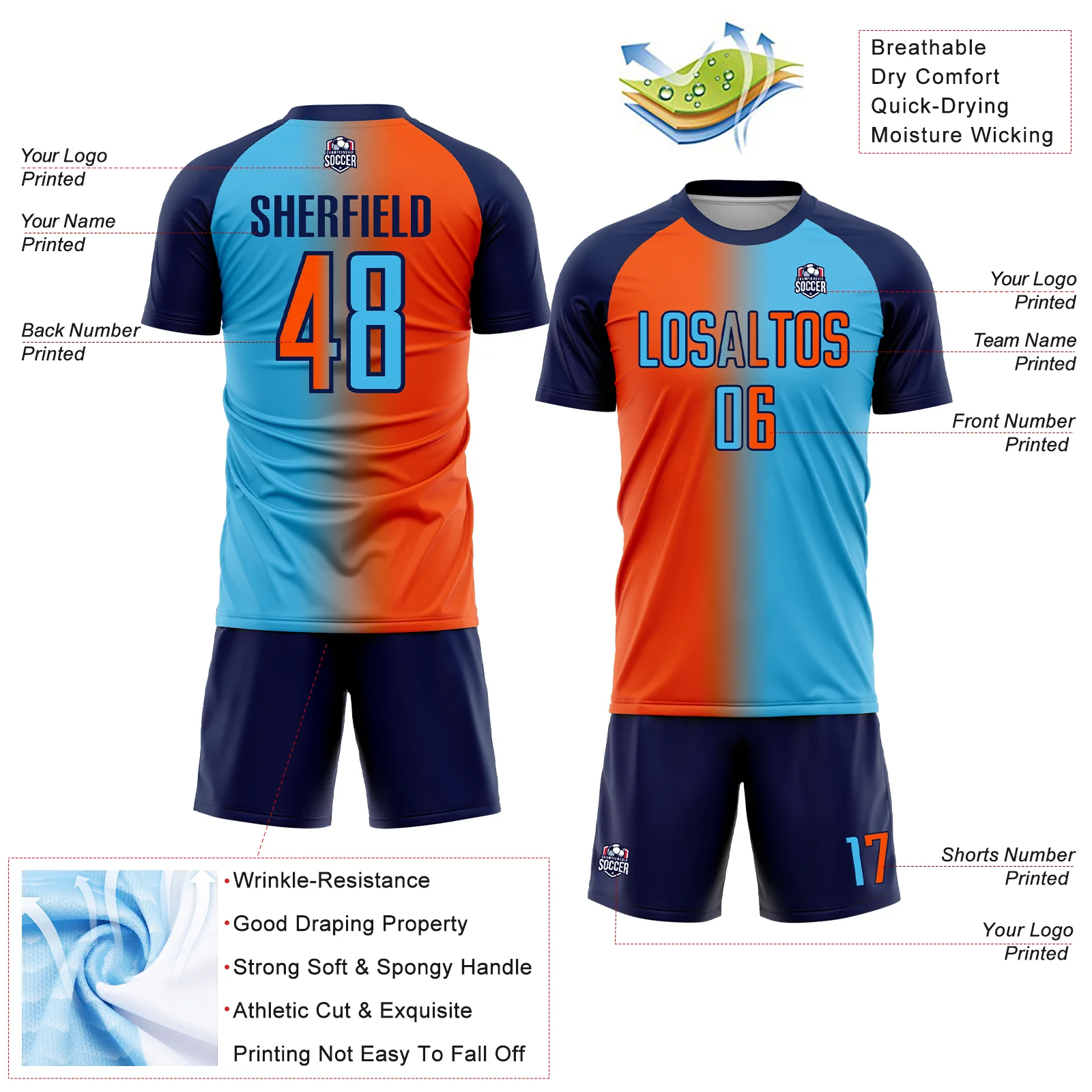 Custom Sky Blue Orange-Navy Sublimation Gradient Fashion Soccer Uniform Jersey - Image 4