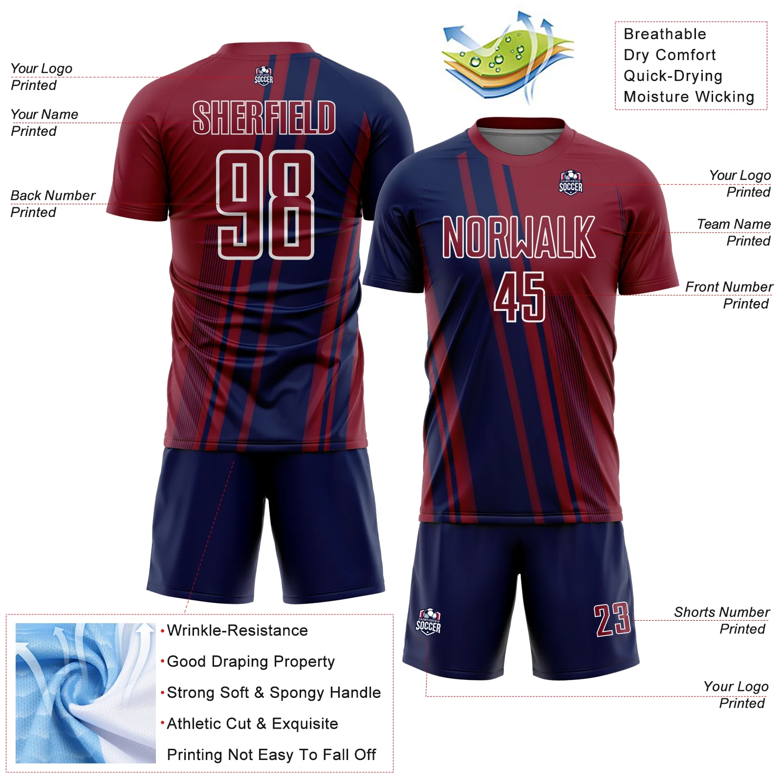 Custom Crimson Navy-White Lines Sports Sublimation Soccer Uniform Jersey - Image 4