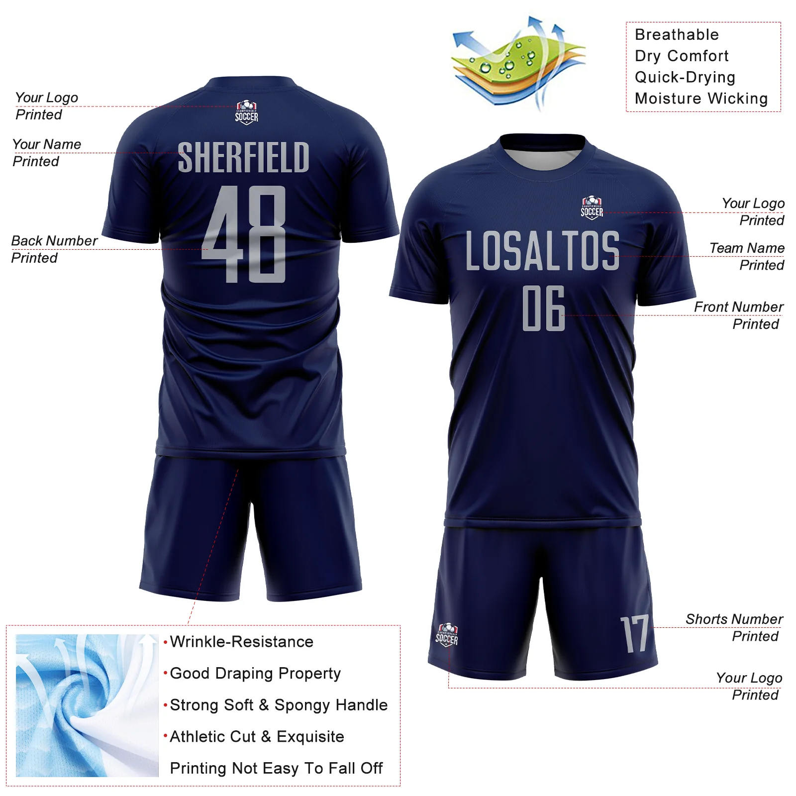 Custom Navy Gray Sublimation Soccer Uniform Jersey - Image 4