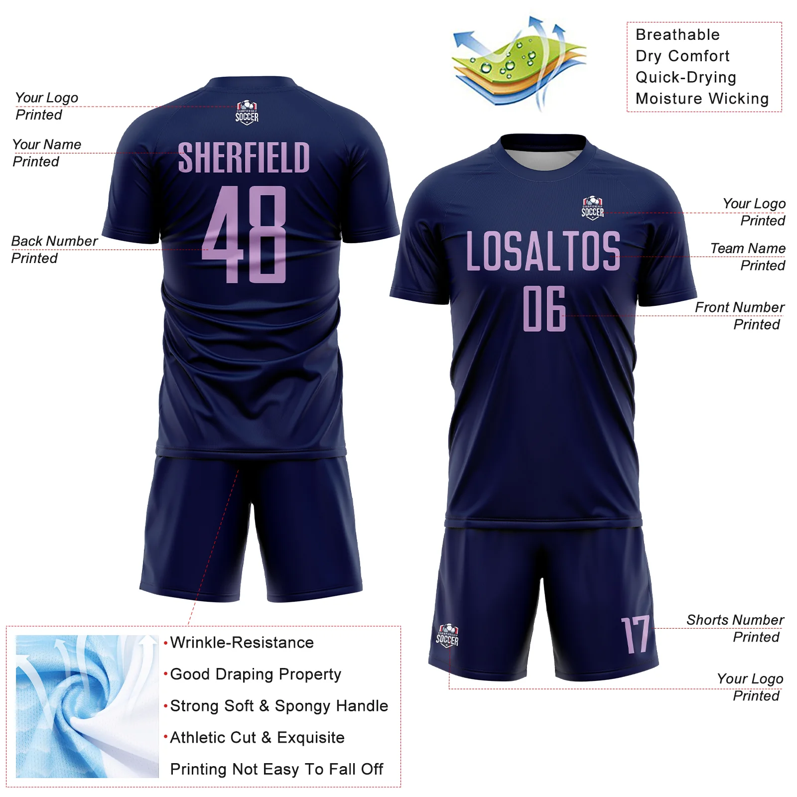 Custom Navy Light Purple Sublimation Soccer Uniform Jersey - Image 4