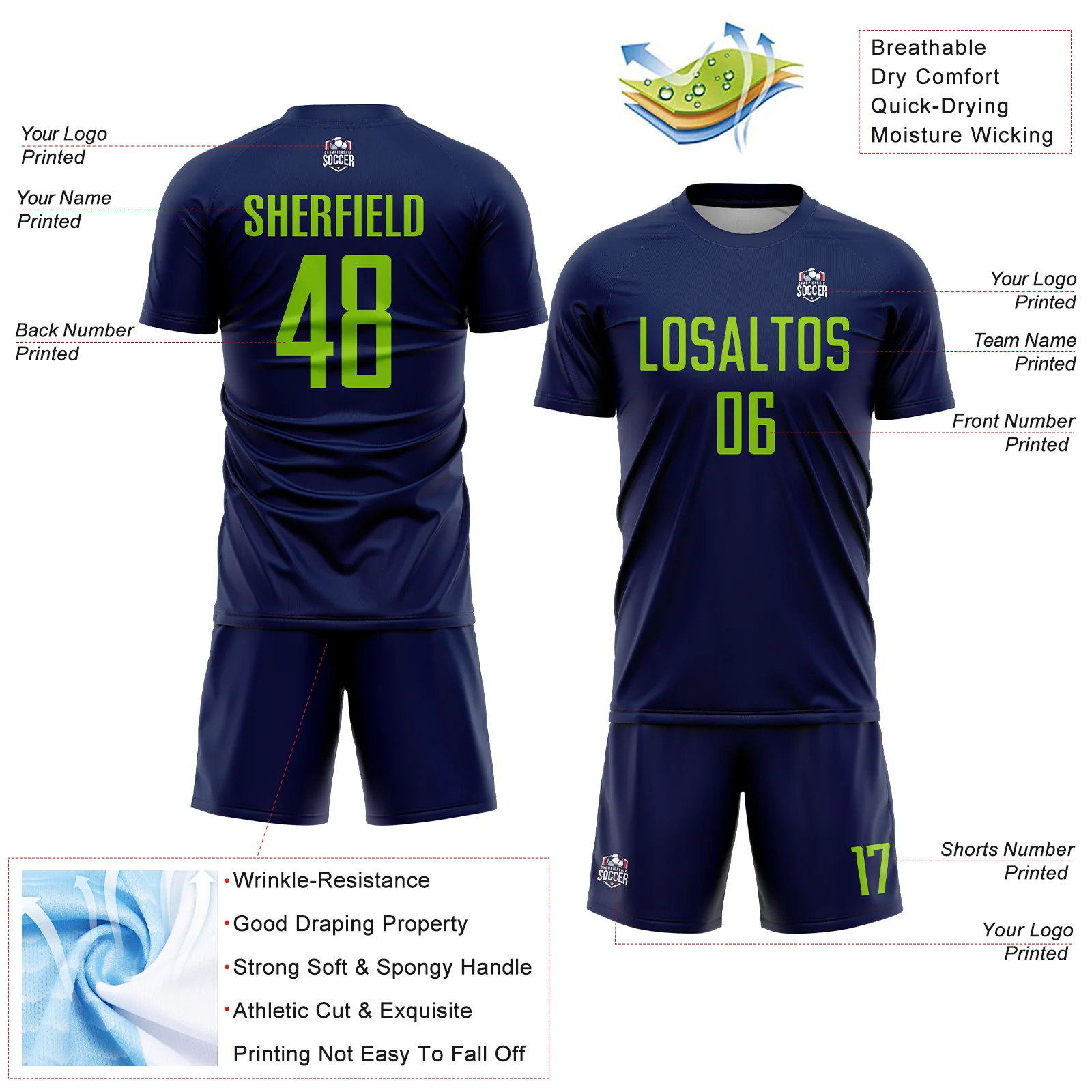 Custom Navy Neon Green Sublimation Soccer Uniform Jersey - Image 4
