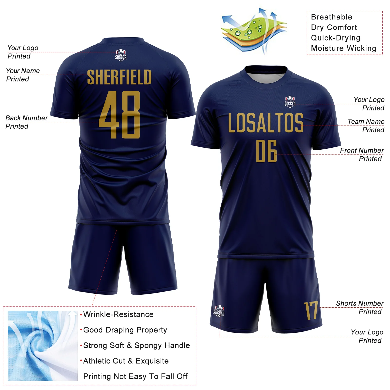 Custom Navy Old Gold Sublimation Soccer Uniform Jersey - Image 4