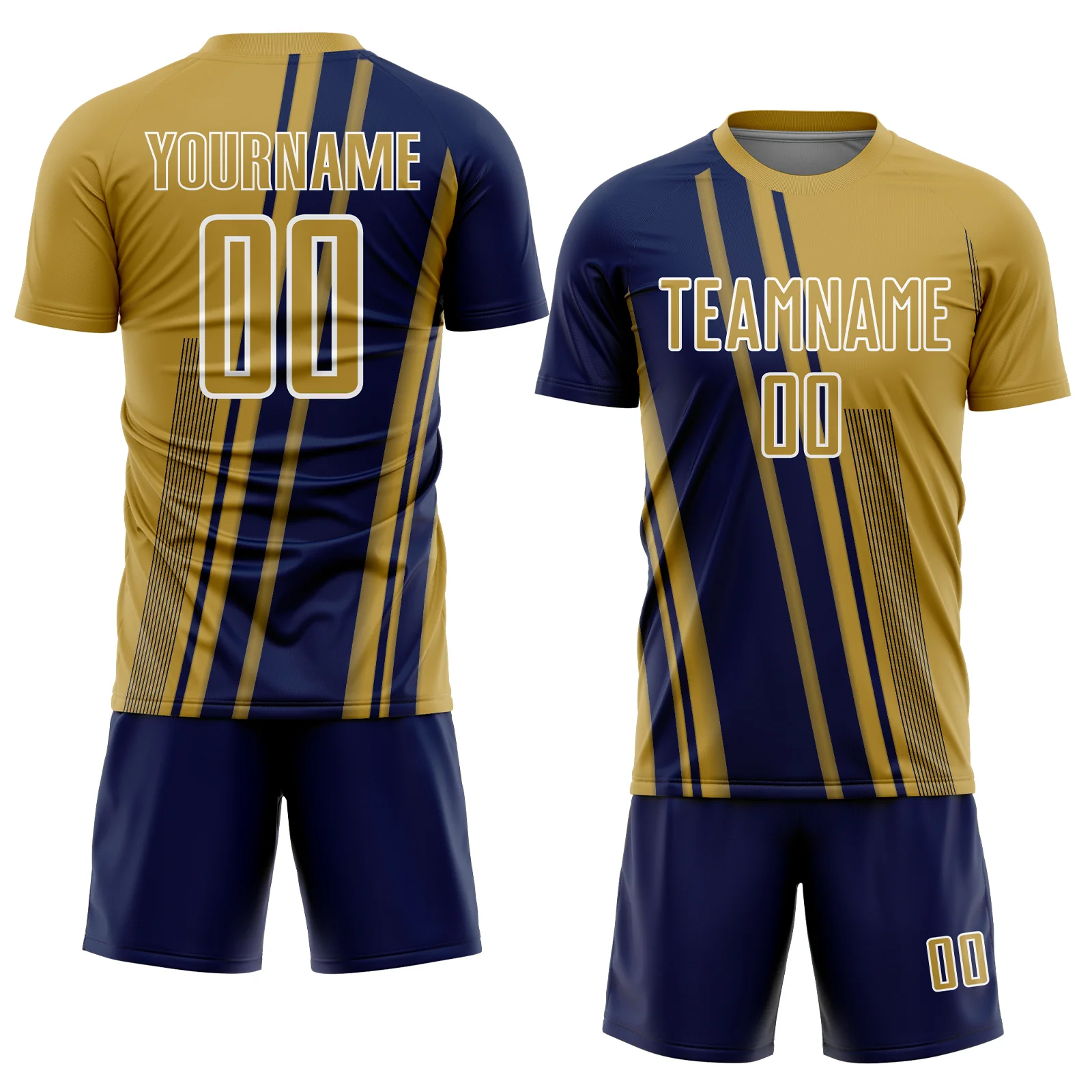 Custom Old Gold Navy-White Lines Sports Sublimation Soccer Uniform Jersey - Image 2