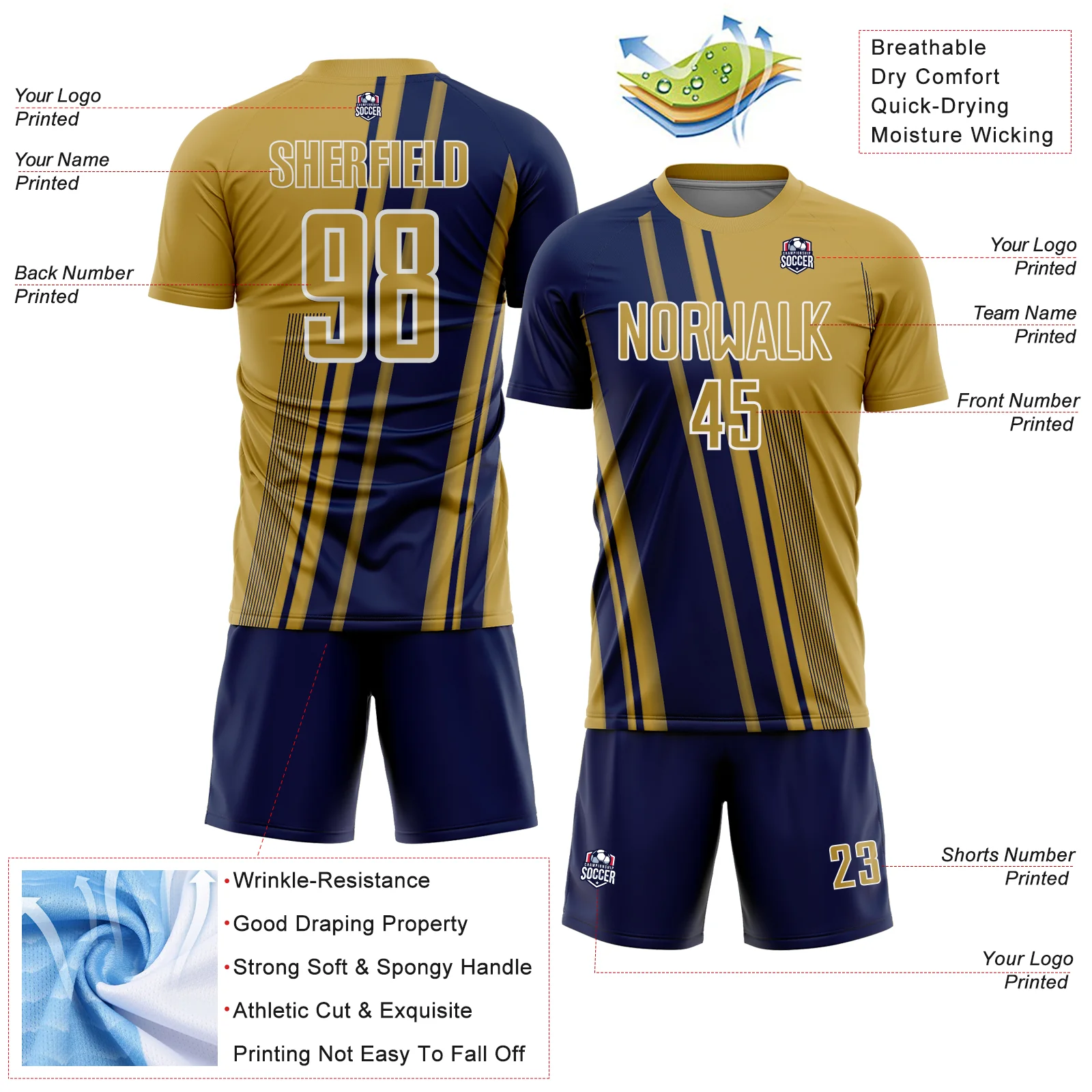 Custom Old Gold Navy-White Lines Sports Sublimation Soccer Uniform Jersey - Image 4