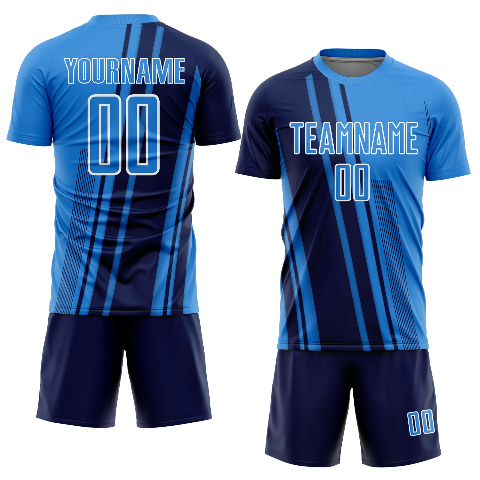 Custom Powder Blue Navy-White Lines Sports Sublimation Soccer Uniform Jersey - Image 2
