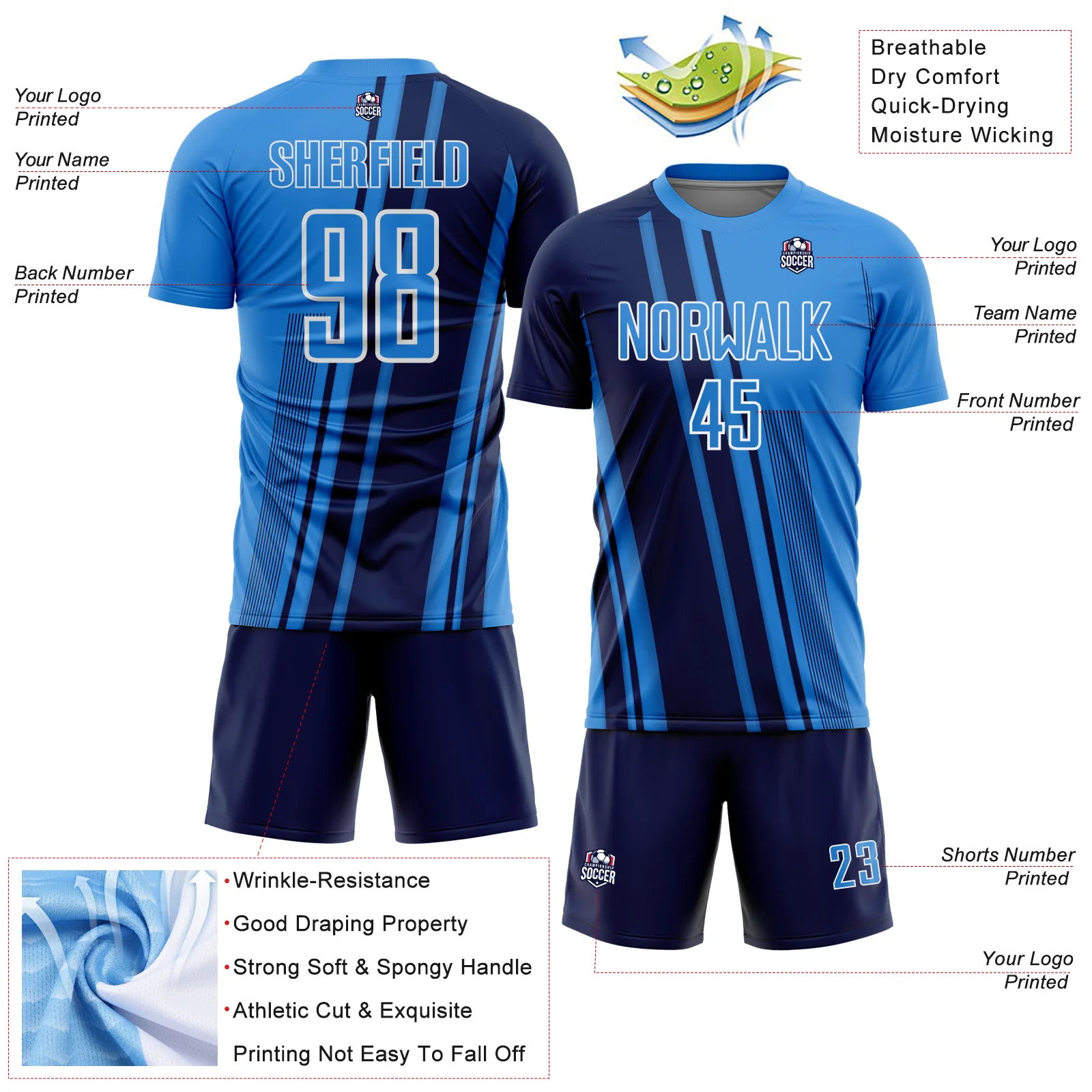 Custom Powder Blue Navy-White Lines Sports Sublimation Soccer Uniform Jersey - Image 4