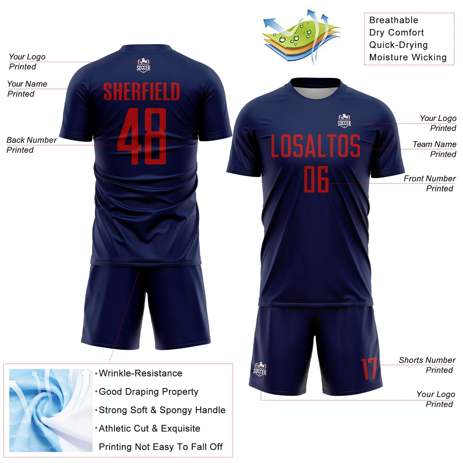 Custom Navy Red Sublimation Soccer Uniform Jersey - Image 4