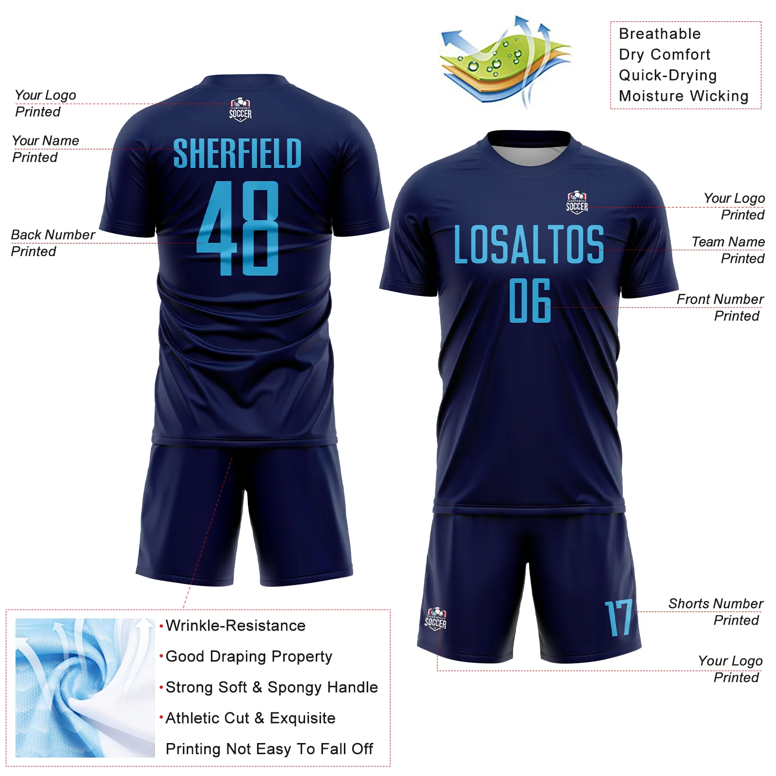 Custom Navy Sky Blue Sublimation Soccer Uniform Jersey - Image 4