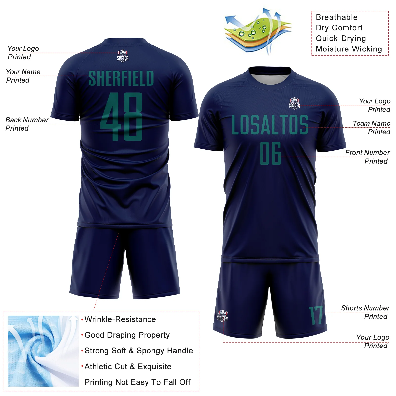 Custom Navy Teal Sublimation Soccer Uniform Jersey - Image 4