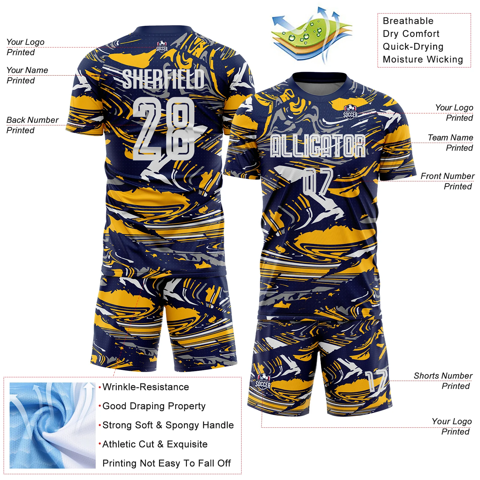Custom Figure White Navy-Gold Fluid Art Splash Sublimation Soccer Uniform Jersey - Image 4