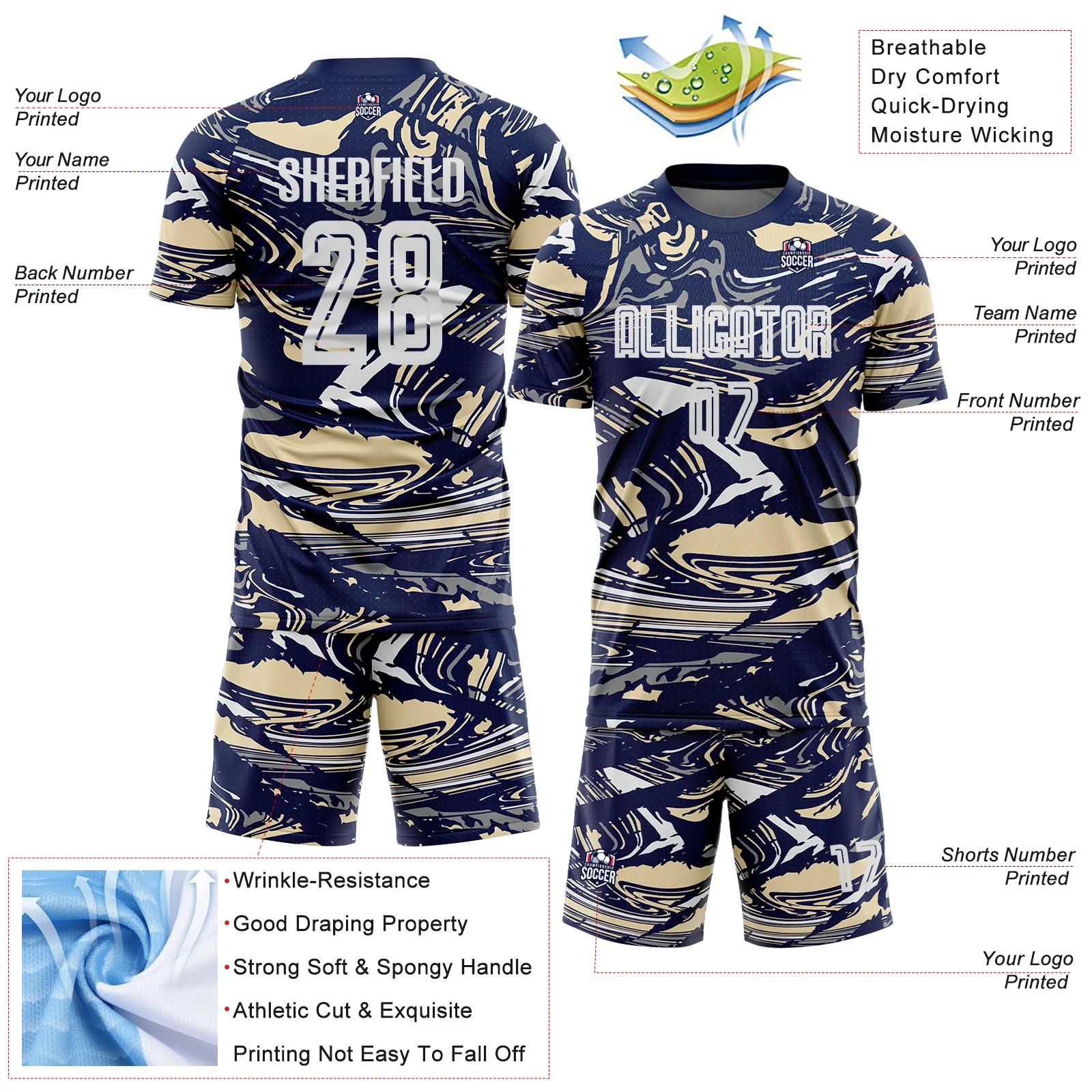 Custom Figure White Navy-Cream Fluid Art Splash Sublimation Soccer Uniform Jersey - Image 4