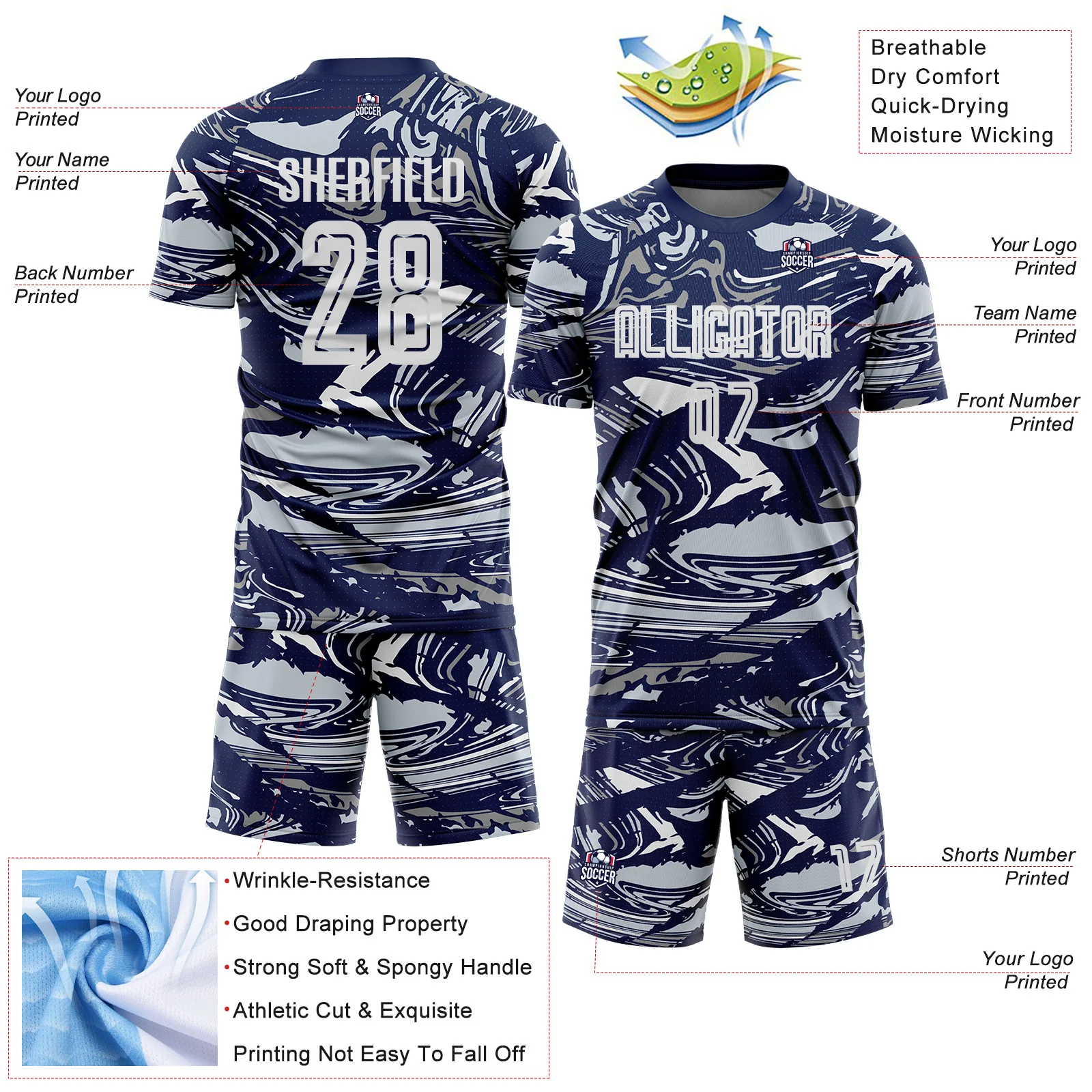 Custom Figure White Navy-Silver Fluid Art Splash Sublimation Soccer Uniform Jersey - Image 4