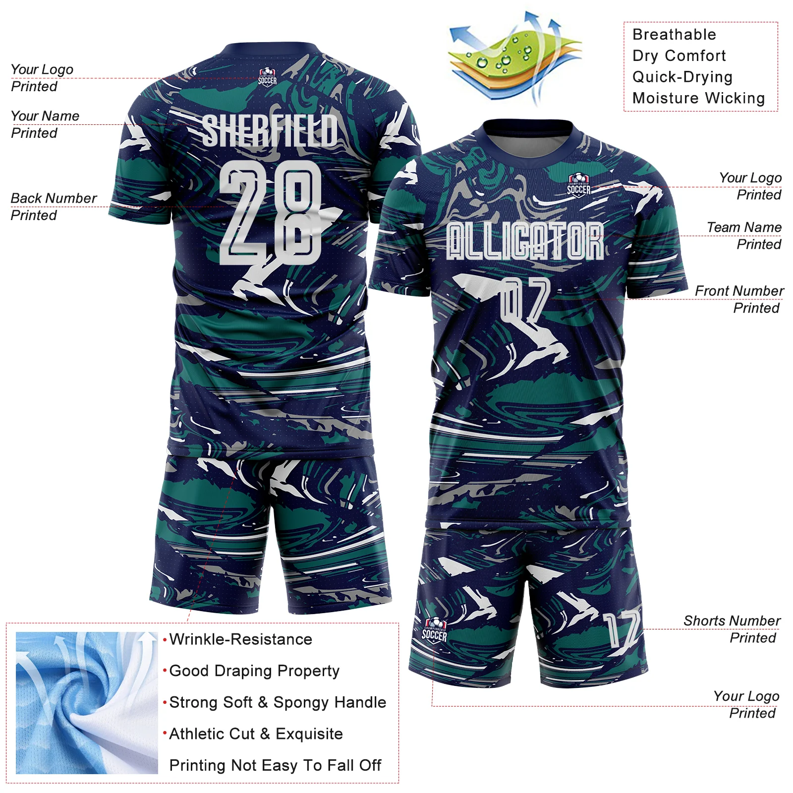 Custom Figure White Navy-Teal Fluid Art Splash Sublimation Soccer Uniform Jersey - Image 4