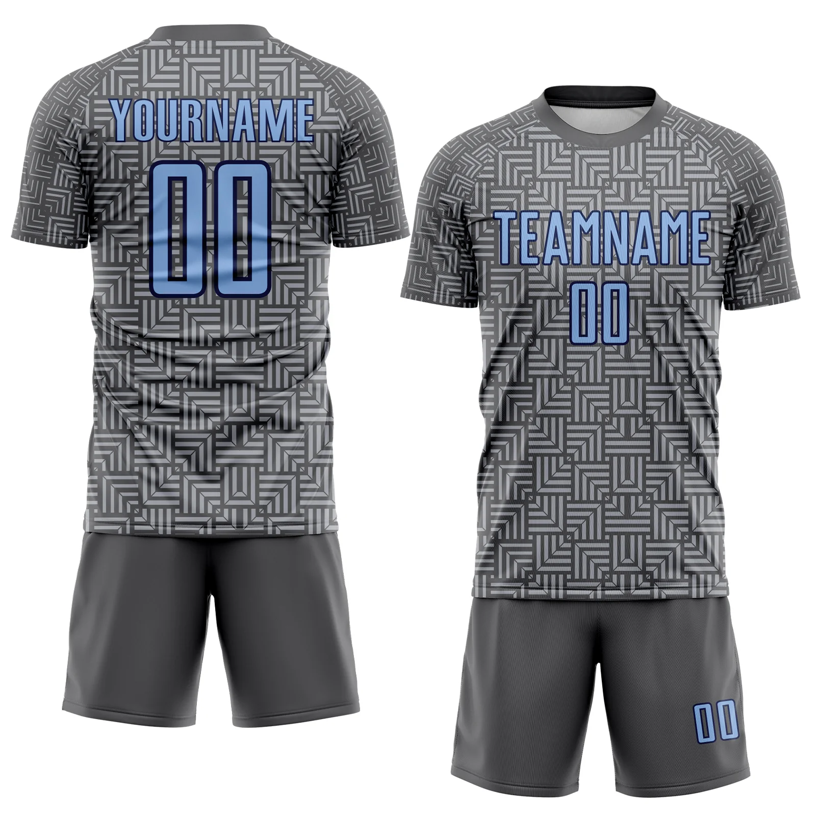 Custom Steel Gray Light Blue Navy-Gray Geometric Maze Interlocking Square Sports Sublimation Soccer Uniform Jersey - Image 2