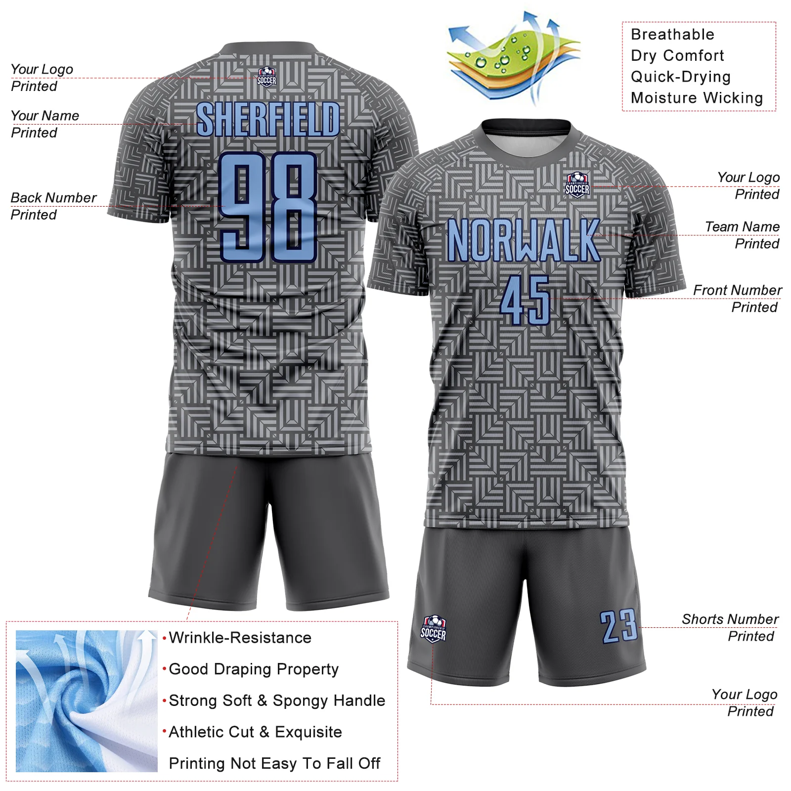 Custom Steel Gray Light Blue Navy-Gray Geometric Maze Interlocking Square Sports Sublimation Soccer Uniform Jersey - Image 4