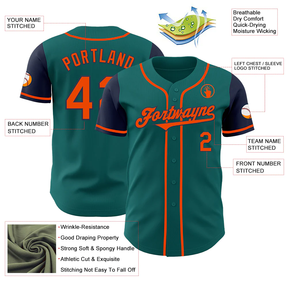 Custom Teal Orange-Navy Authentic Two Tone Baseball Jersey - Image 3