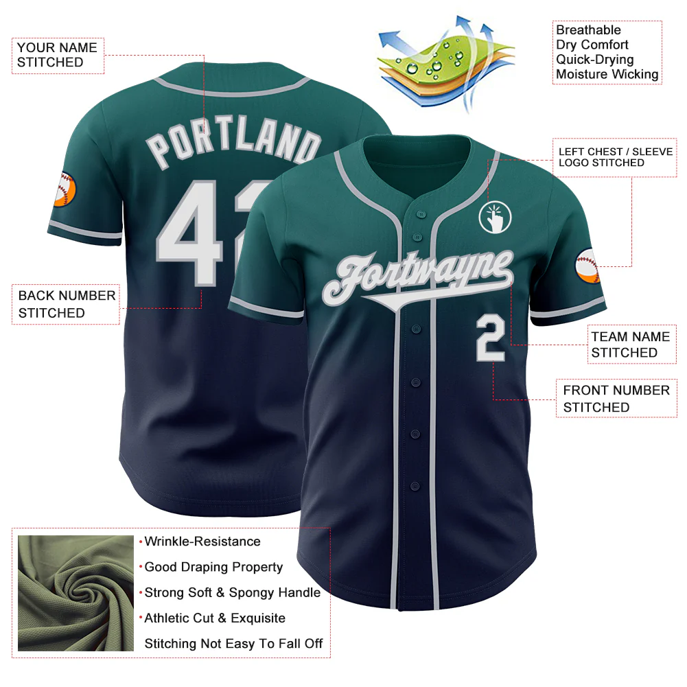 Custom Teal Navy-Gray Authentic Fade Fashion Baseball Jersey - Image 3