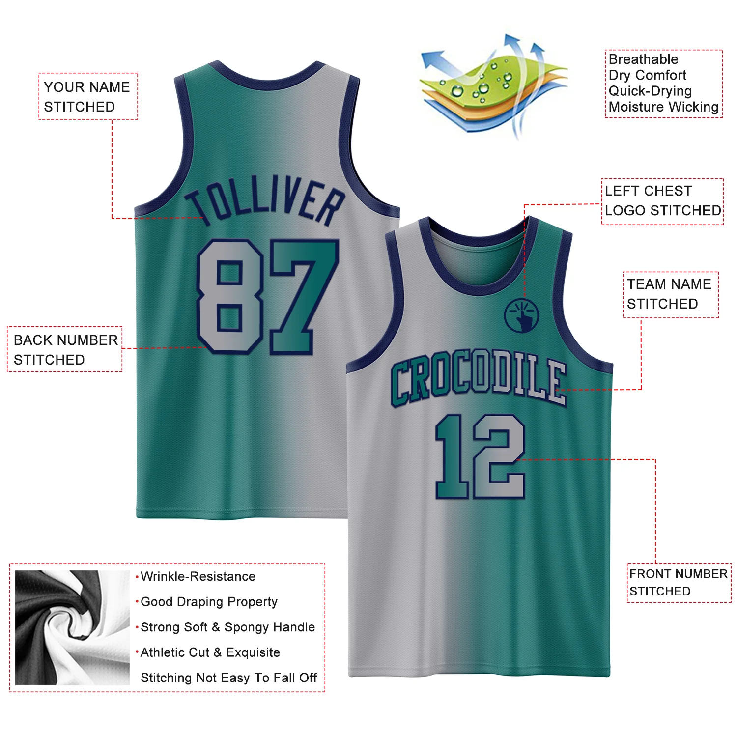 Custom Teal Gray-Navy Authentic Gradient Fashion Basketball Jersey - Image 3