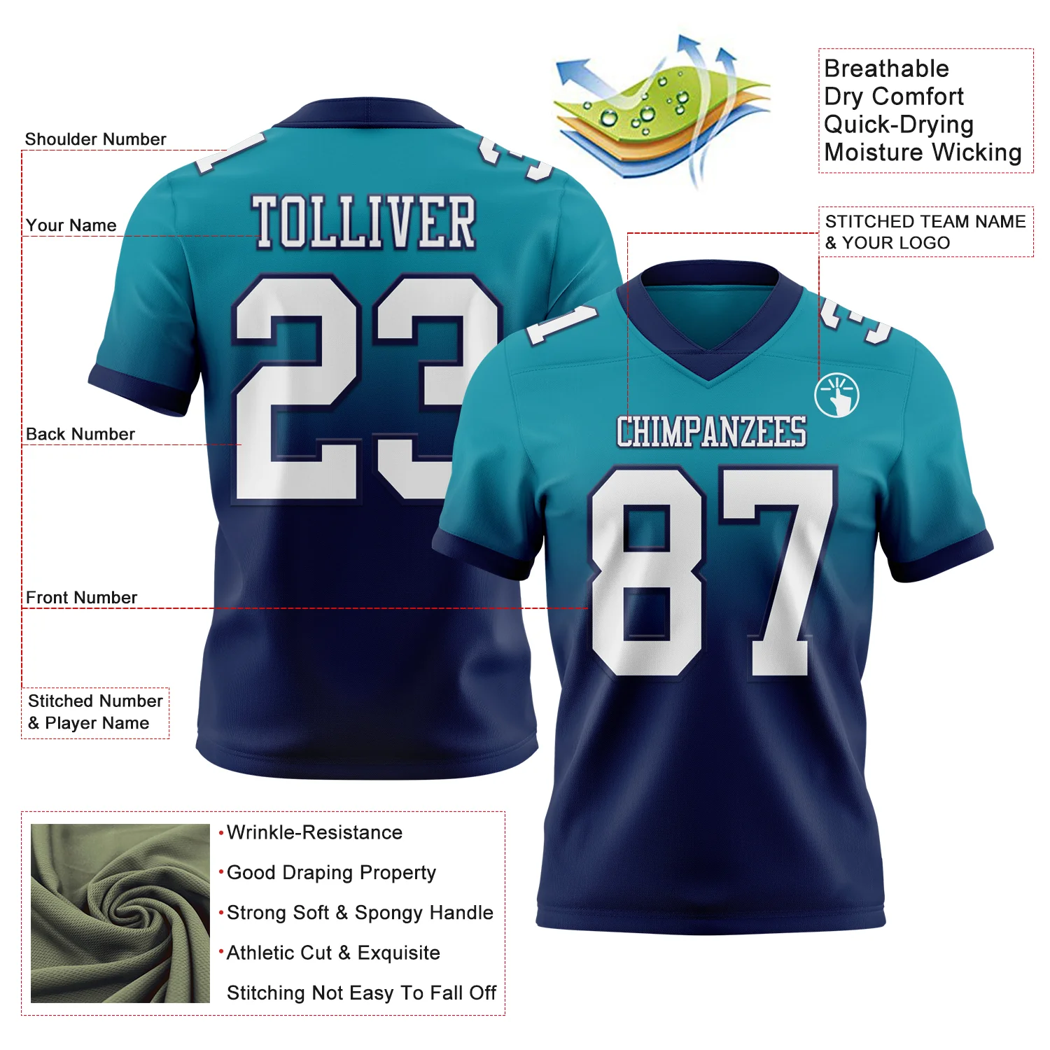 Custom Teal White-Navy Authentic Fade Fashion Football Jersey - Image 2