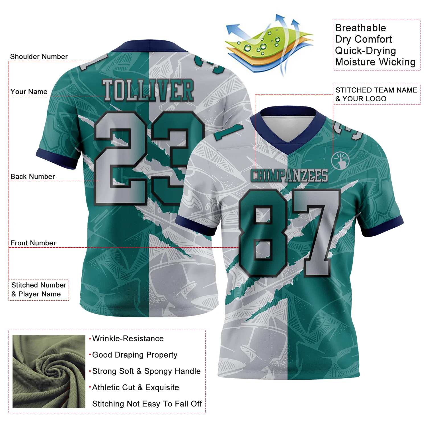 Custom Teal Gray-Navy Authentic Gradient Fashion Scratch Football Jersey - Image 3