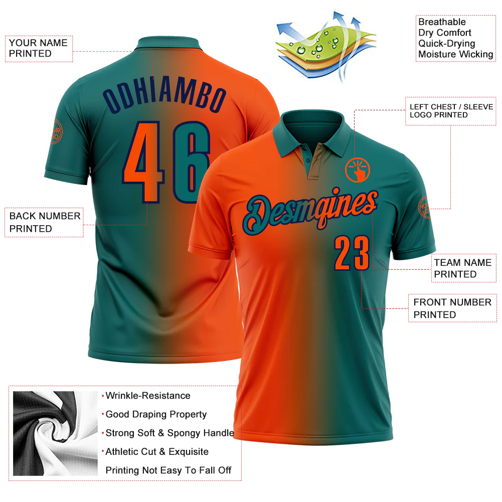 Custom Teal Orange-Navy 3D Gradient Fashion Performance Polo Shirt - Image 3