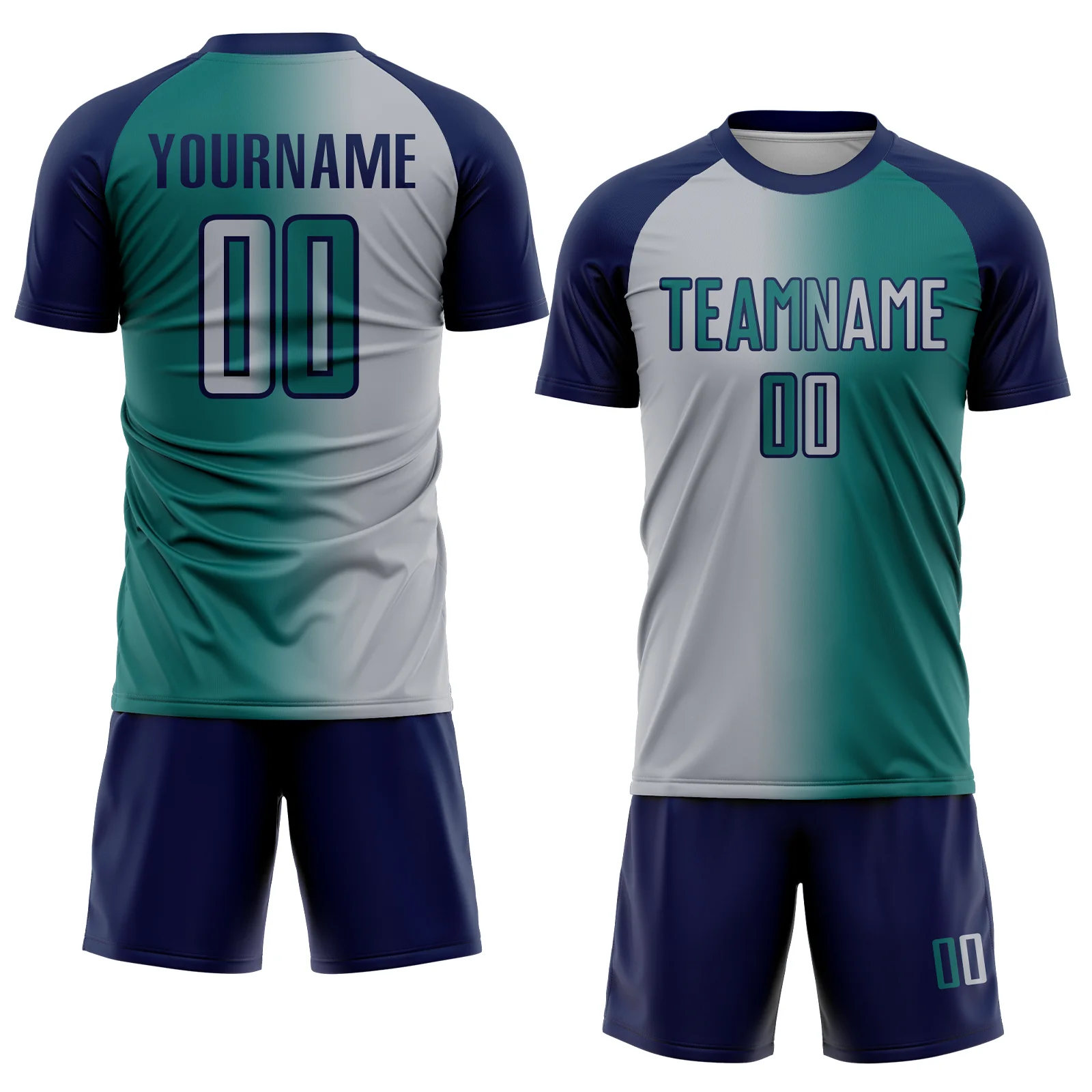 Custom Teal Gray-Navy Sublimation Gradient Fashion Soccer Uniform Jersey - Image 2