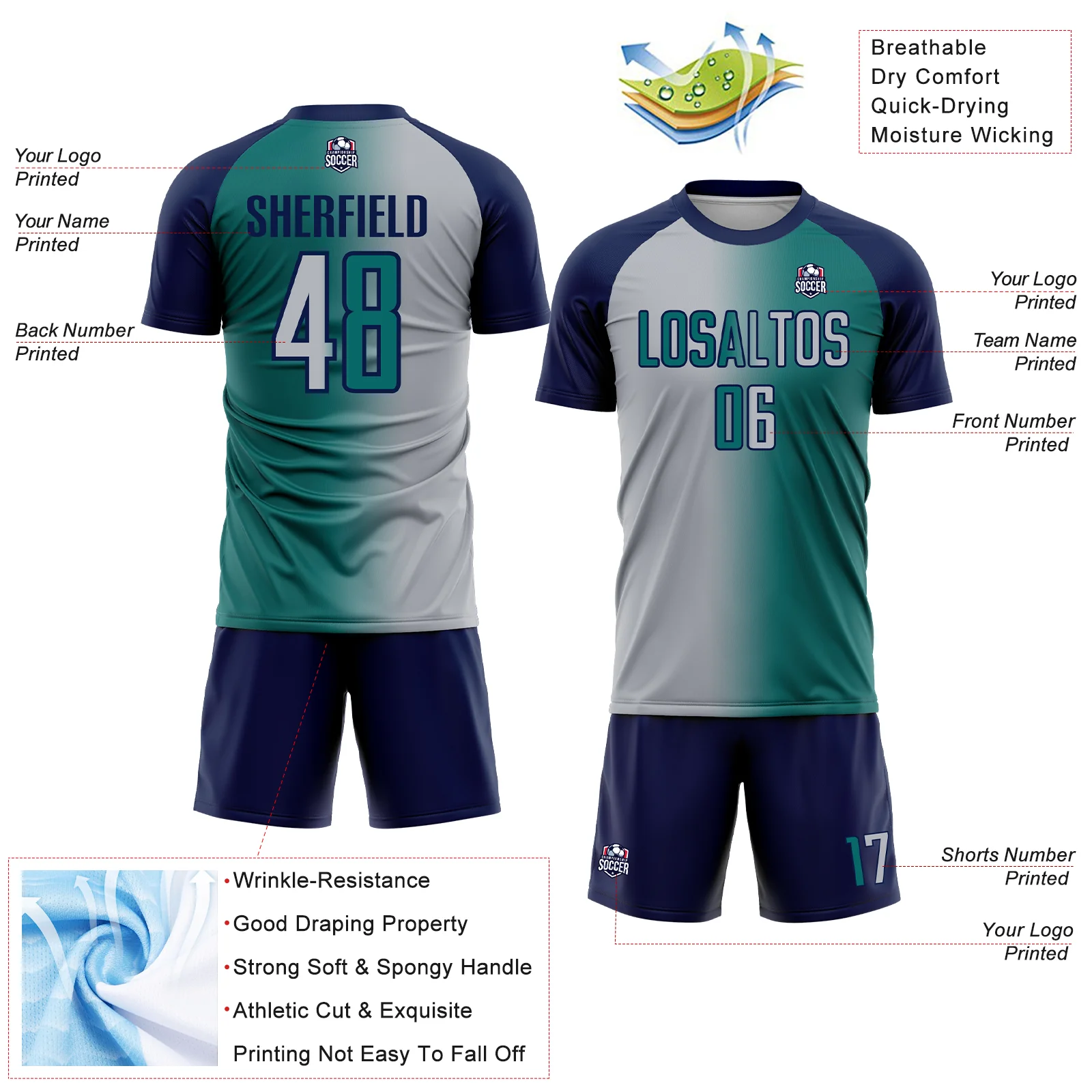 Custom Teal Gray-Navy Sublimation Gradient Fashion Soccer Uniform Jersey - Image 4