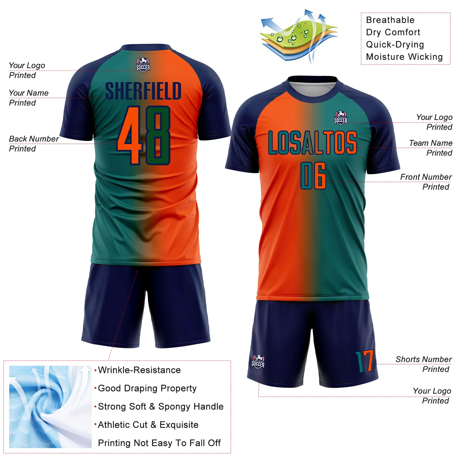 Custom Teal Orange-Navy Sublimation Gradient Fashion Soccer Uniform Jersey - Image 4