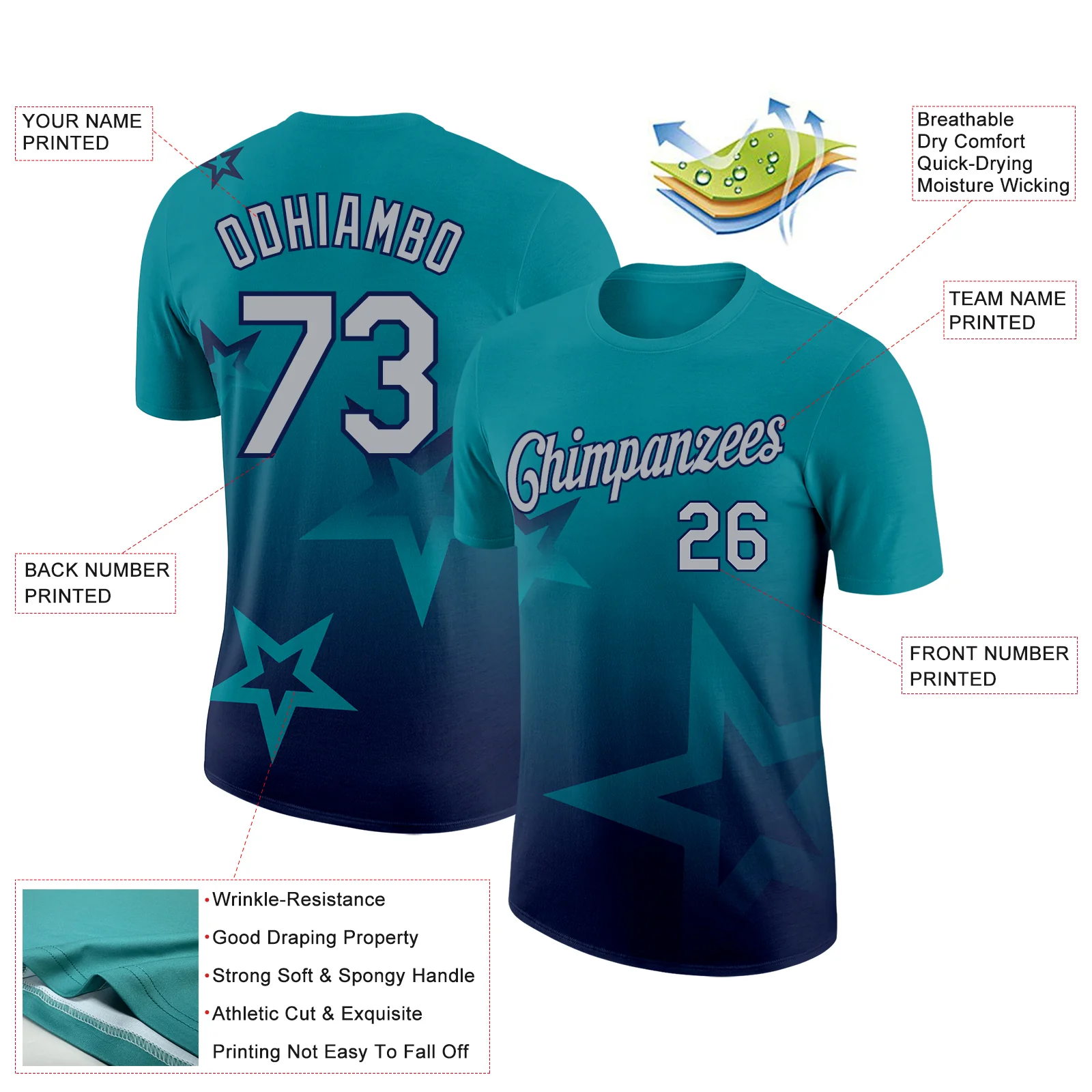 Custom Teal Gray-Navy 3D Pattern Design Gradient Style Twinkle Star Performance T-Shirt - Image 2