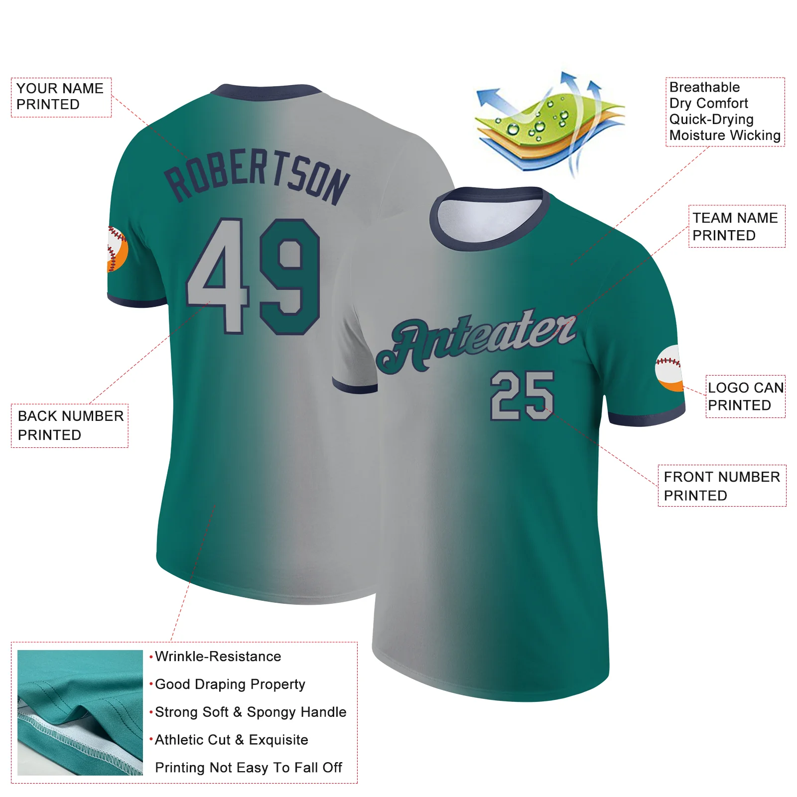 Custom Teal Gray-Navy Gradient Fashion Performance T-Shirt - Image 2