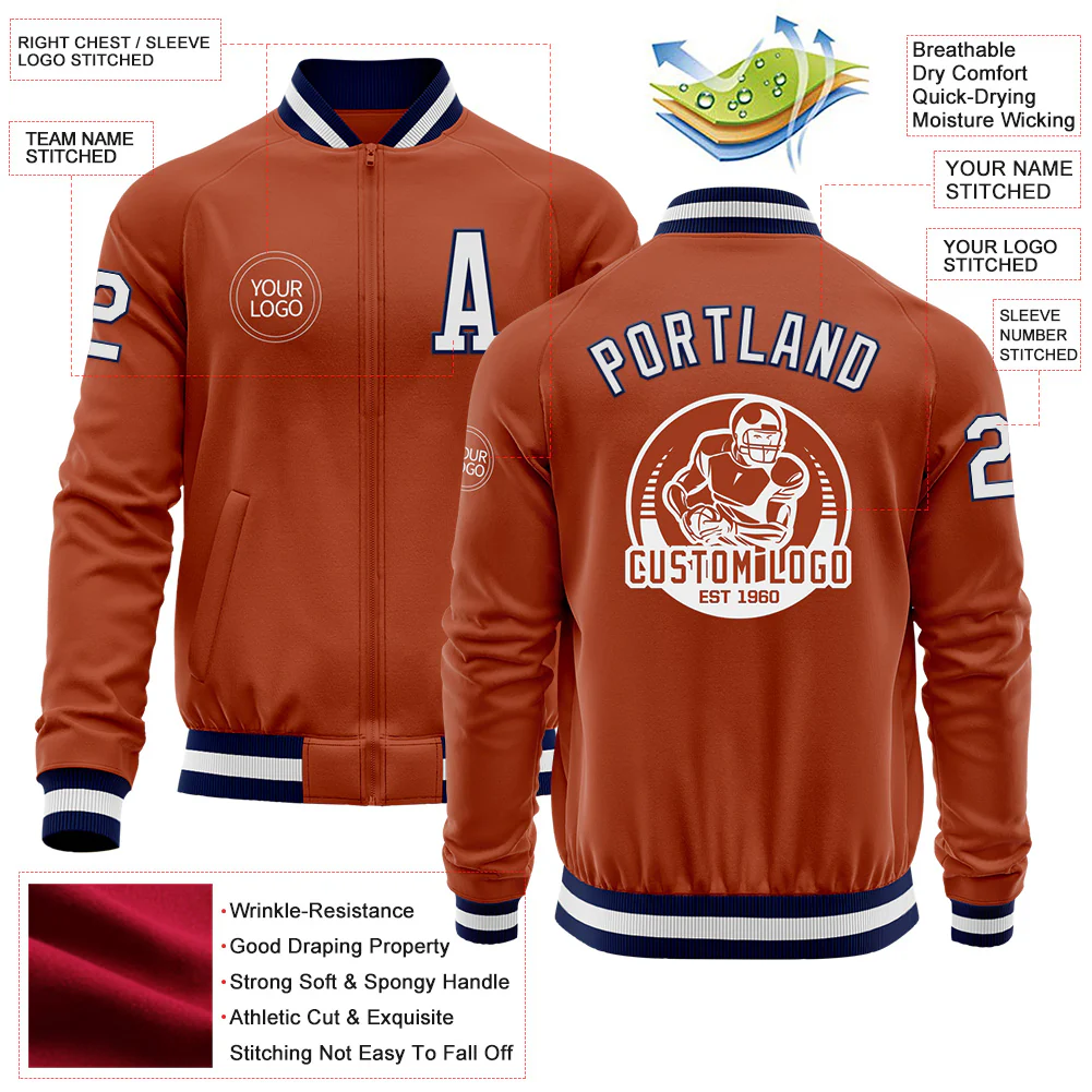 Custom Texas Orange White-Navy Bomber Varsity Letterman Zipper Jacket - Image 4