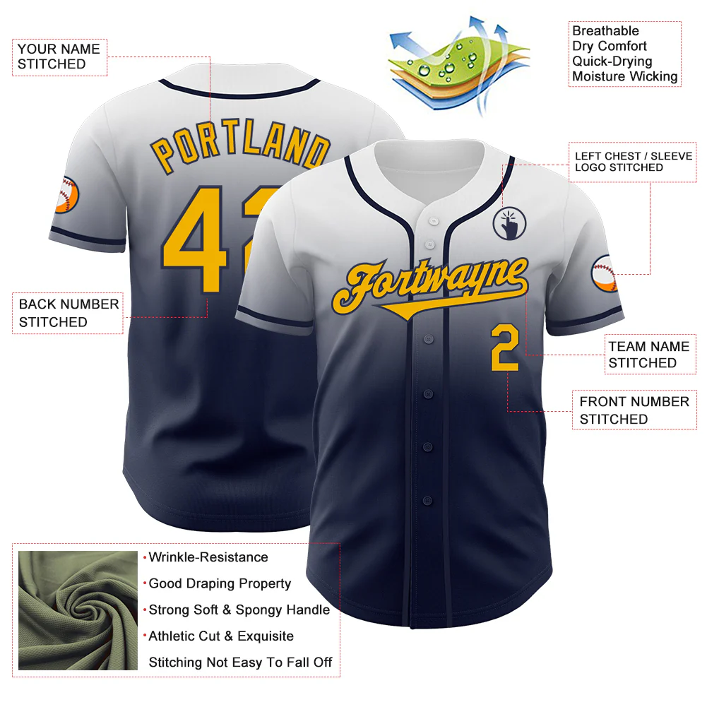 Custom White Gold-Navy Authentic Fade Fashion Baseball Jersey - Image 3