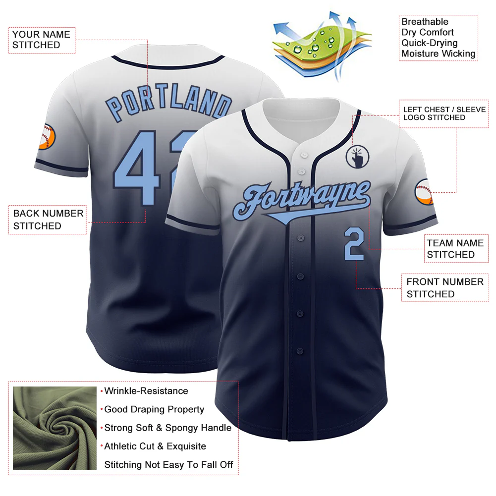 Custom White Light Blue-Navy Authentic Fade Fashion Baseball Jersey - Image 3