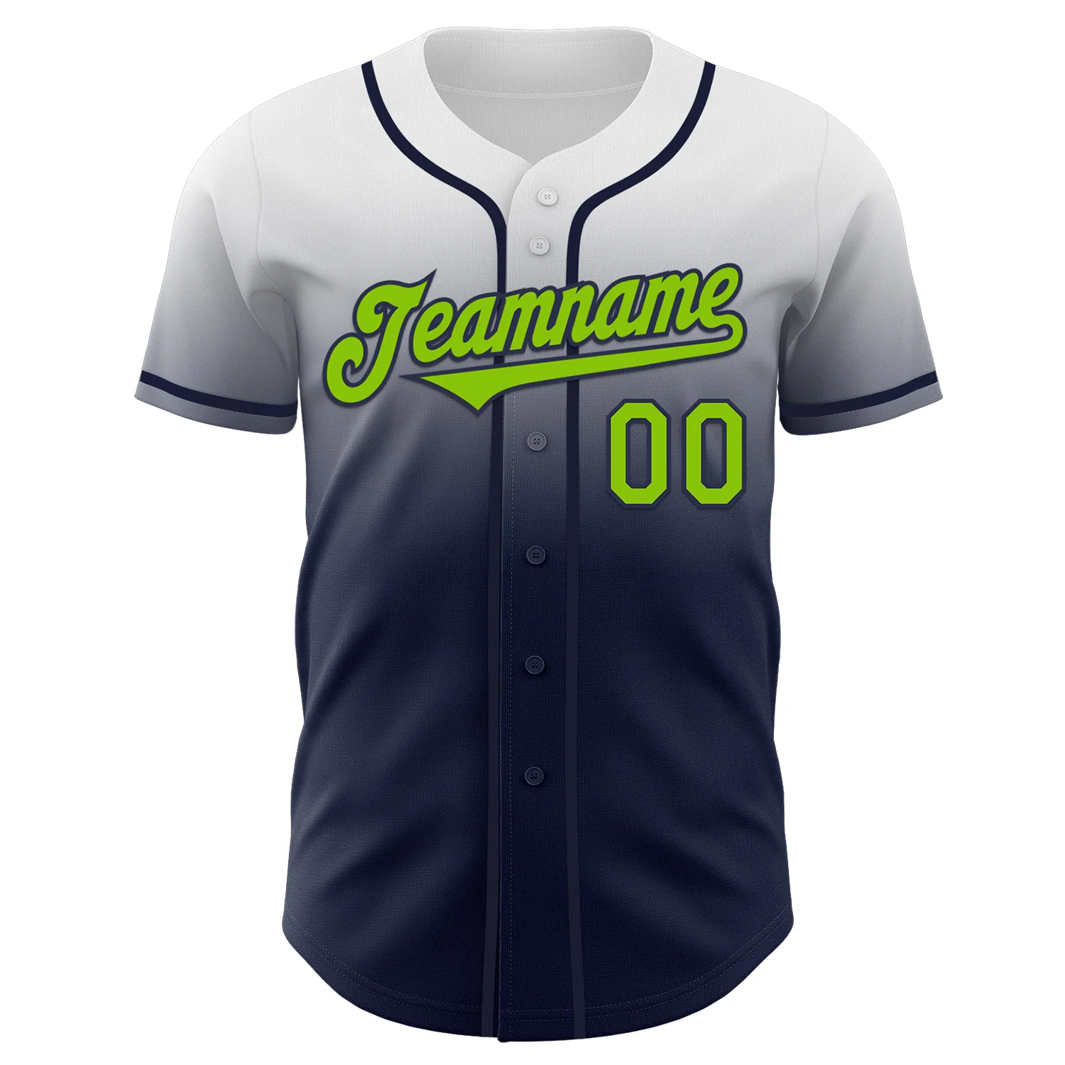 Custom White Neon Green-Navy Authentic Fade Fashion Baseball Jersey - Image 2