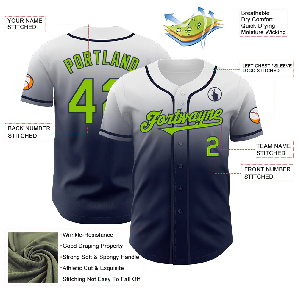 Custom White Neon Green-Navy Authentic Fade Fashion Baseball Jersey - Image 3