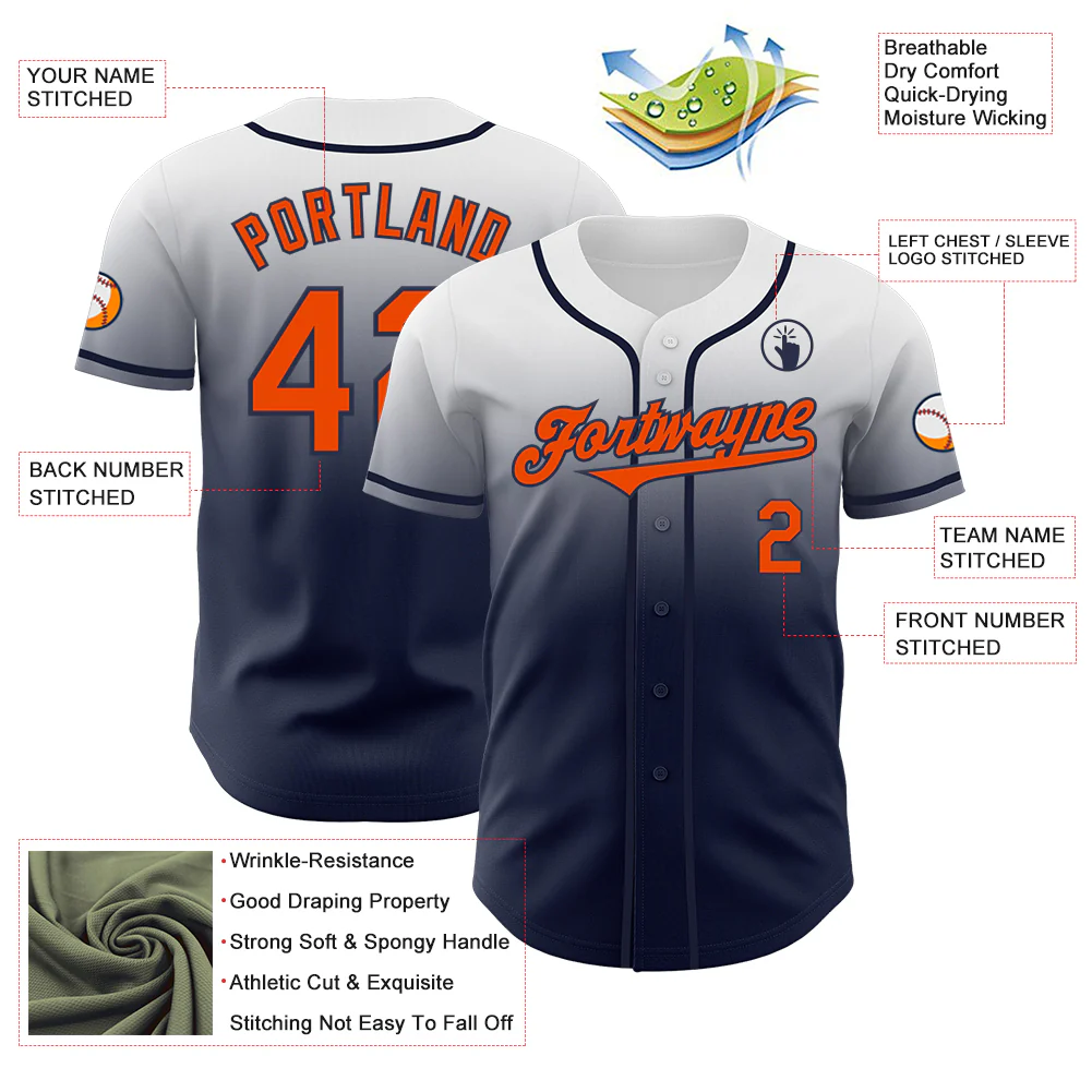 Custom White Orange-Navy Authentic Fade Fashion Baseball Jersey - Image 3