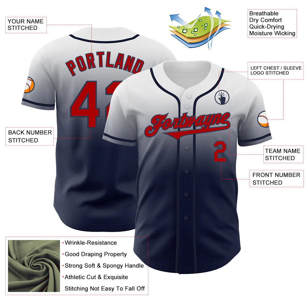 Custom White Red-Navy Authentic Fade Fashion Baseball Jersey - Image 3