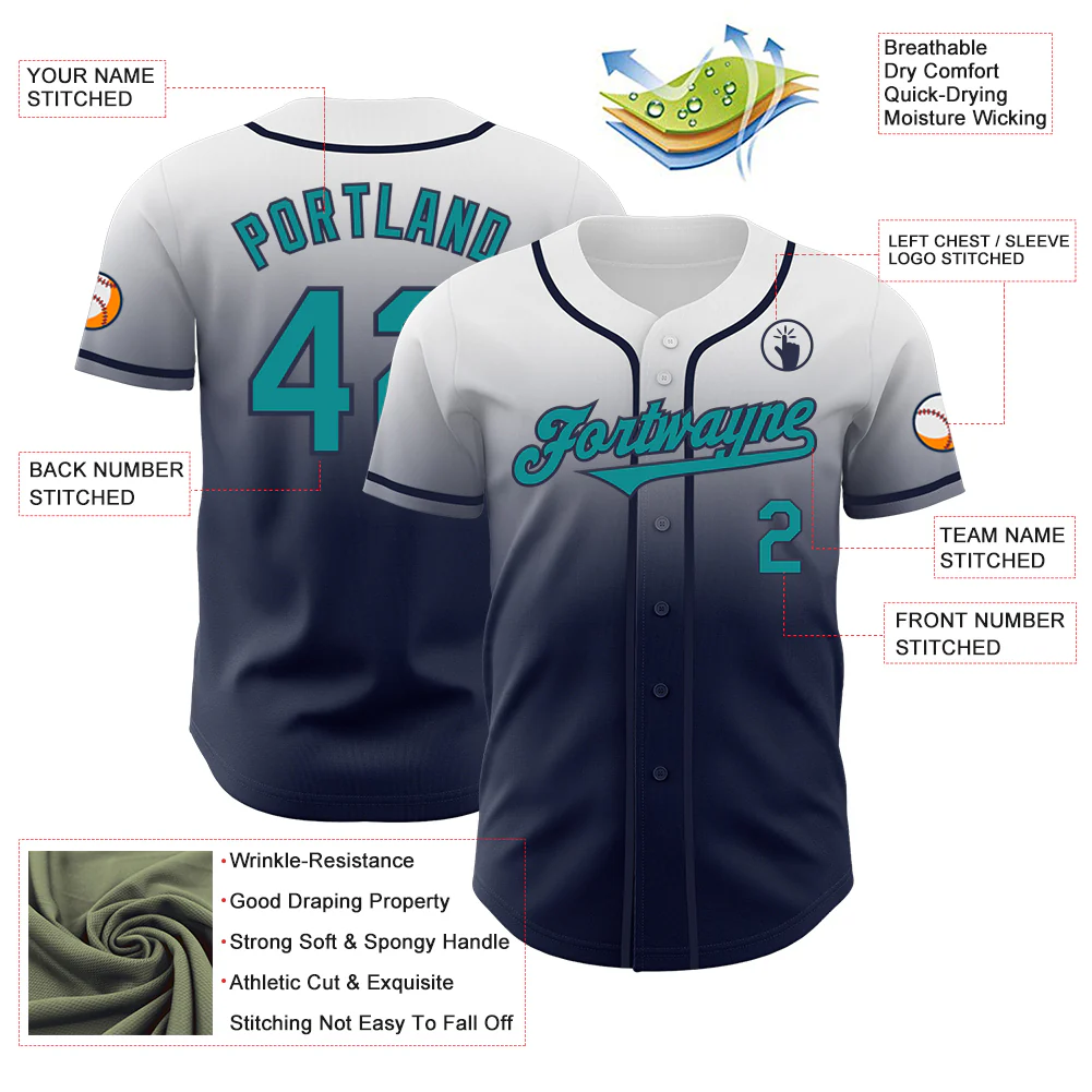 Custom White Teal-Navy Authentic Fade Fashion Baseball Jersey - Image 3