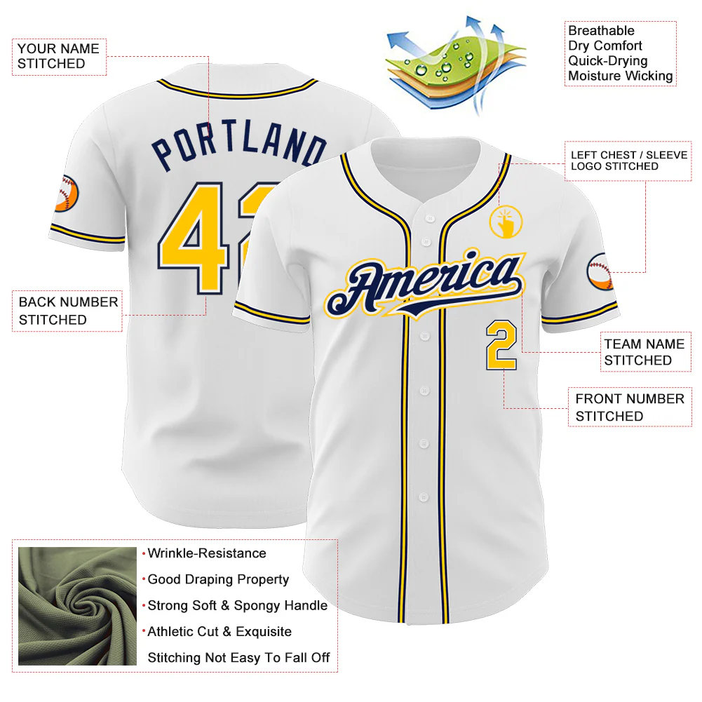 Custom White Yellow-Navy Authentic Baseball Jersey - Image 3
