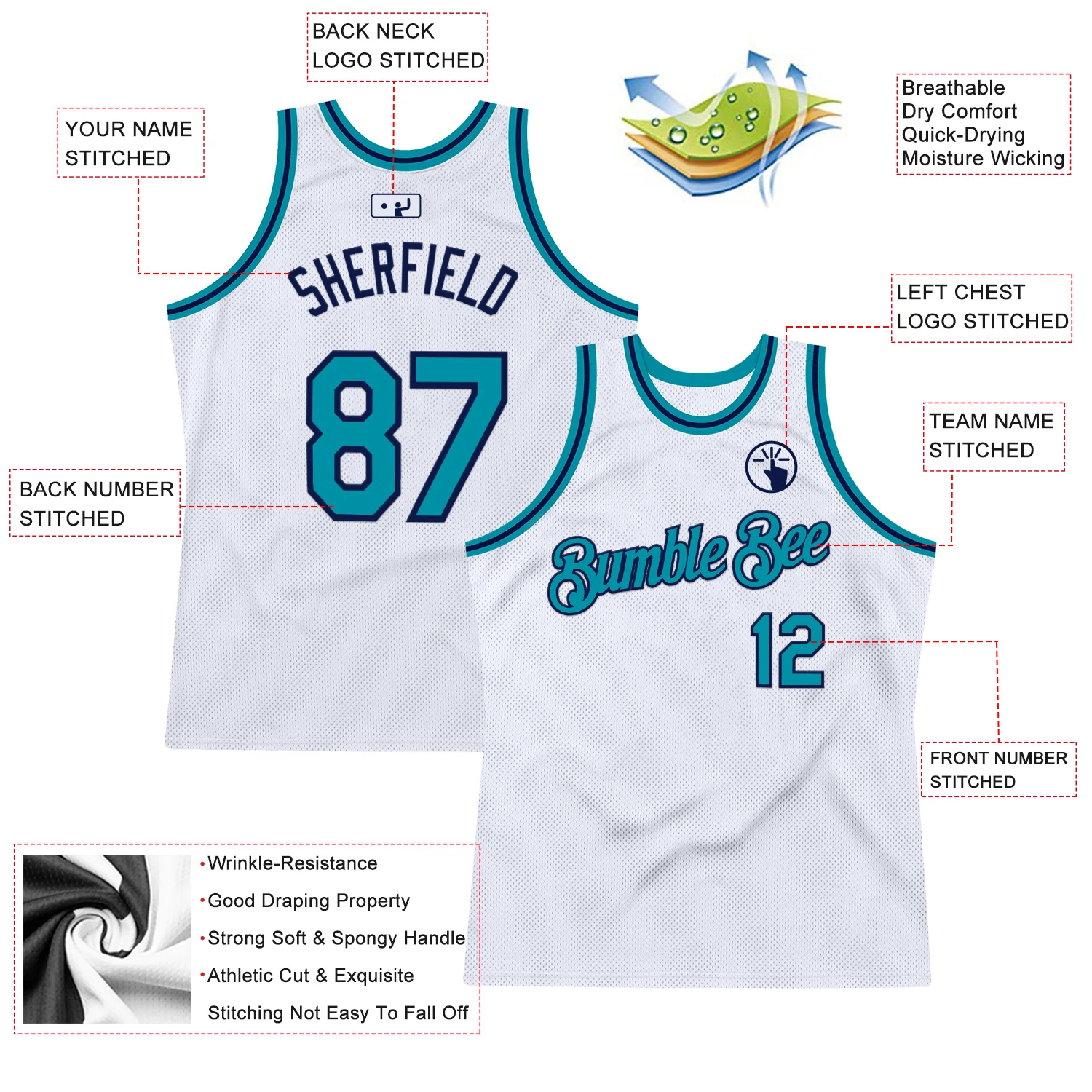 Custom White Teal-Navy Authentic Throwback Basketball Jersey - Image 2